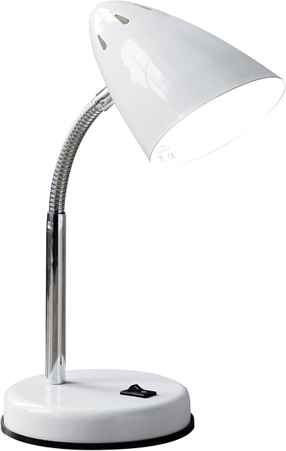 Premier Housewares Desk Lamp LED Reading / Study / Table Lamp White Gloss Metal Base Desk Lamps For Study / Office Round Shade Adjustable 13 x 13 x 37