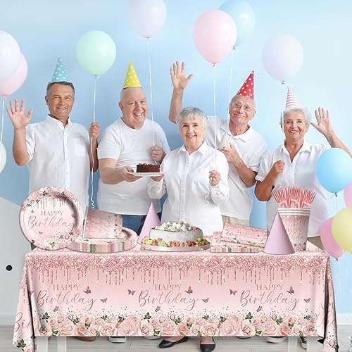 Miniatura 3 de 142 piezas de suministros para fiesta de cumpleaños de color oro rosa  vajilla de fiesta de cumpleaños rosa, plato desechable para cena, mantel de
