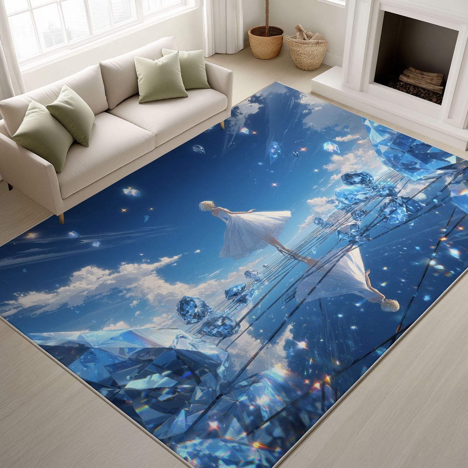 Puszysty dywan anime, elegancki dywan, marzycielskie błękitne niebo, nie gubi włosia, łatwy do czyszczenia, do jadalni, kuchni, biura, 80 x 150 cm