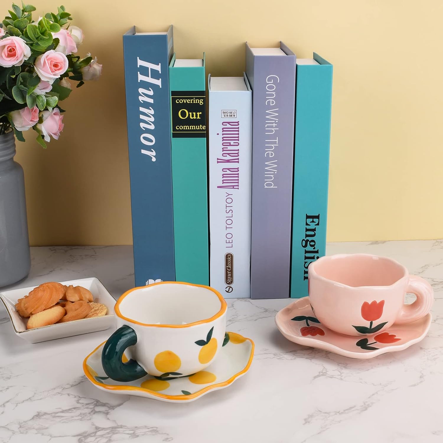 Koythin Ceramic Coffee Mug with Saucer Set, Cute Creative Cup Unique Irregular Saucer Design for Office and Home, Dishwasher and Microwave Safe, 6 oz/180 ml for Latte Tea Milk (Pink Tulips) - Image 7