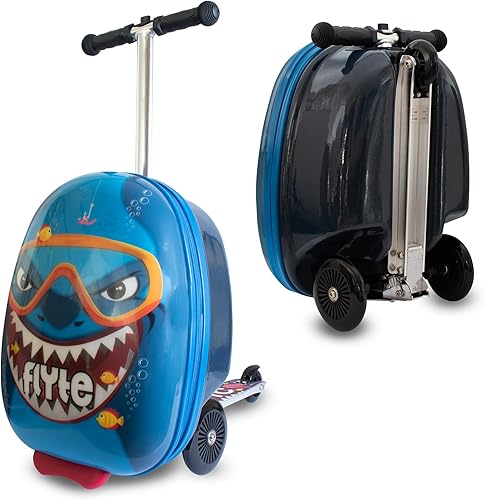 Flyte Maleta plegable para patineta para niños, carcasa rígida de 18 pulgadas, con ruedas, 2 en 1, capacidad de 25 litros, Stormy el tiburón, Perry