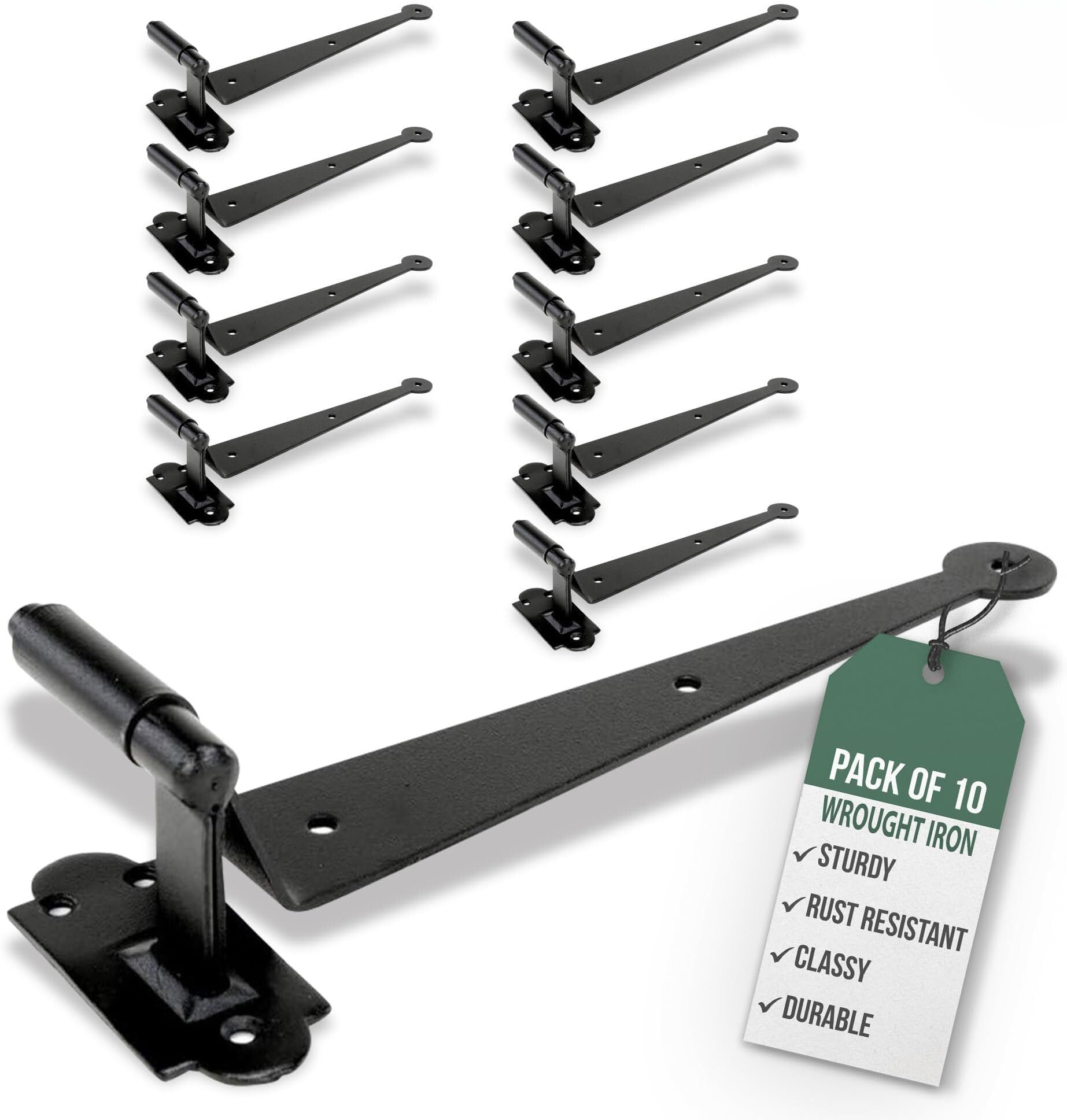 Renovators Supply Manufacturing™ Pack of 10 Black Cast Iron Offset Pintle Strap Hinge – 11.75" Colonial Lift-Off Shutter & Gate Hinge (2.5" Offset)