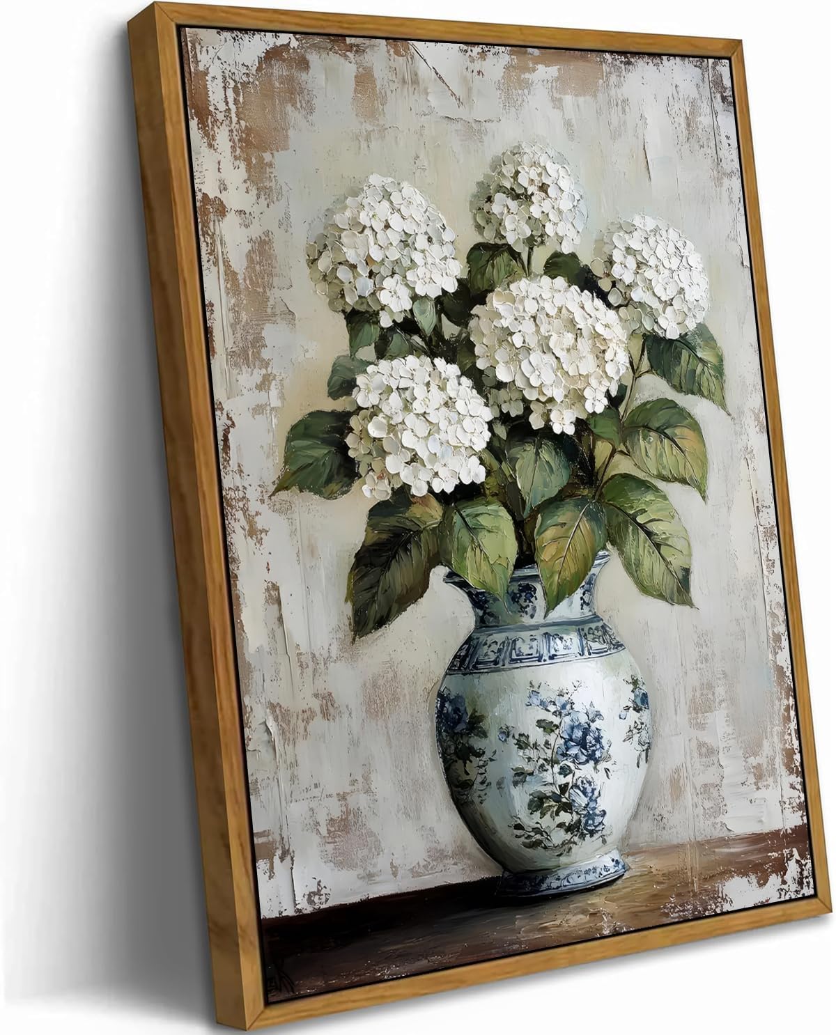 Vintage Chinoiserie Floral Canvas Wall Art White Hydrangea Wall Decor Print Farmhouse Still Life Painting Blue and White Porcelain Picture for home bedroom living room decoration 12x16in frame