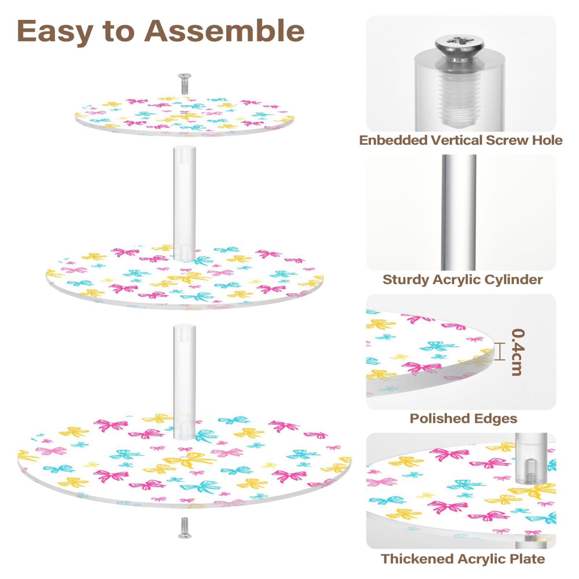 PYBUG Bows Pink 3 Tier Acrylic Cupcake Stands Tower,Dessert Table Display Set for Tea Party,Wedding,Birthday, Baby Shower