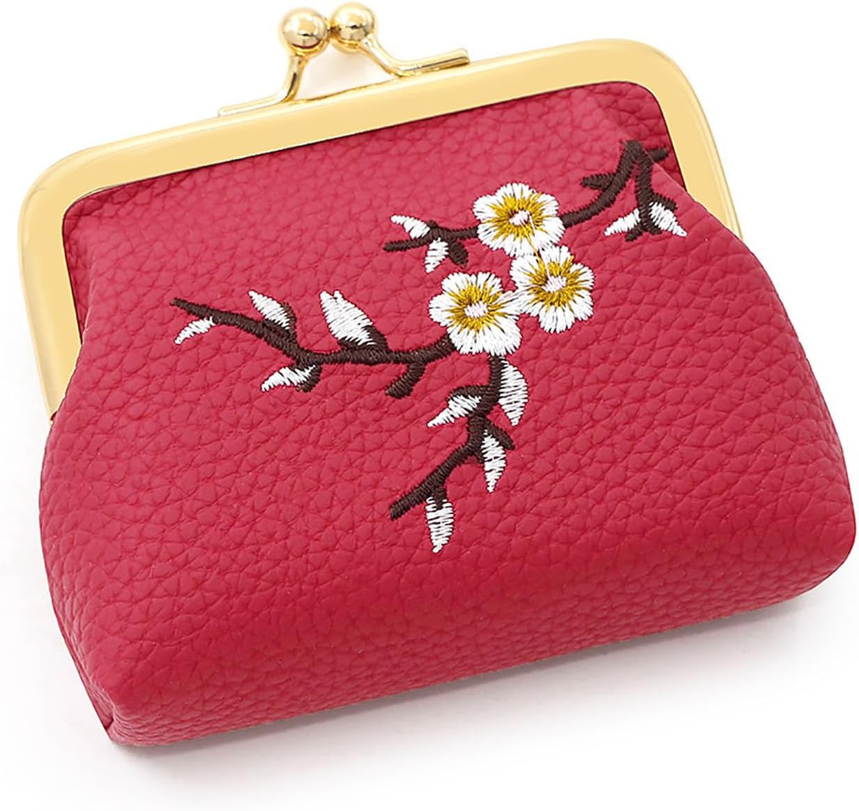 Vintage Embroidered Plum Blossom Wallet for Women,PU Mini Kiss Lock Coin Purse,Portable Compact Small Floral Coin Pouch,Retro Oil Wax Style Wallet for Cards,Cash,Keys,Travel(Red)