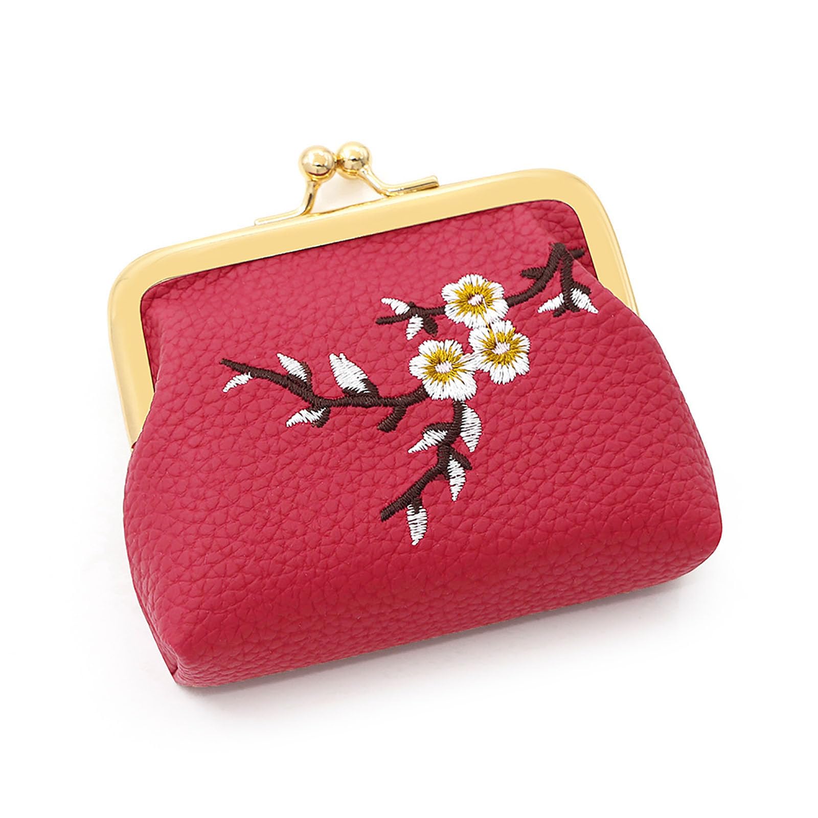 Vintage Embroidered Plum Blossom Wallet for Women,PU Mini Kiss Lock Coin Purse,Portable Compact Small Floral Coin Pouch,Retro Oil Wax Style Wallet for Cards,Cash,Keys,Travel(Red)