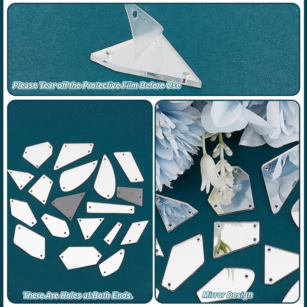 PH PandaHall 180 piezas de diamantes de imitación de espejo para coser, 18 estilos, plata para coser en espejo acrílico, cuentas de espejo con parte trasera plana, piezas acrílicas con agujero para