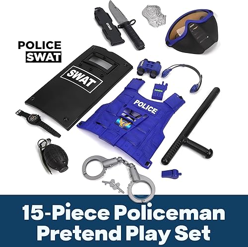 Miniatura 2 de Set de policía para niños, con máscara, chaleco, escudo, placa, esposas, granada, macana y cuchillo