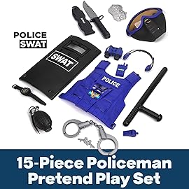 Ultimate All-in-One Kids Police Role Play Toy Kit - 15-Piece Policeman Pretend Play Set for Kids - SWAT Accessories for Dress Up Costumes - Badge, Shield, Vest, Handcuffs Included