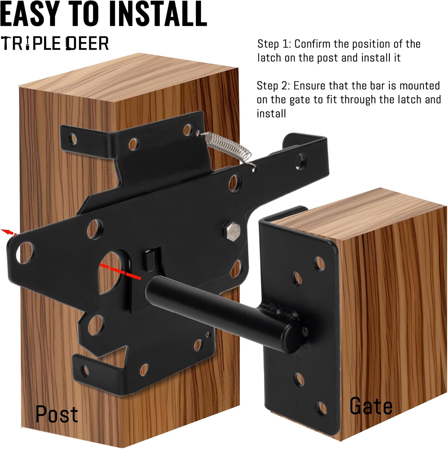 TRIPLE DEER Self-Locking Fence Gate Latch, Heavy Duty Vinyl Post Mount Automatic Self-Closing Wooden Gate Hardware, Gravity Lever Door Latches Hardware for Secure Pool/Yard/Garden Outdoor, Black