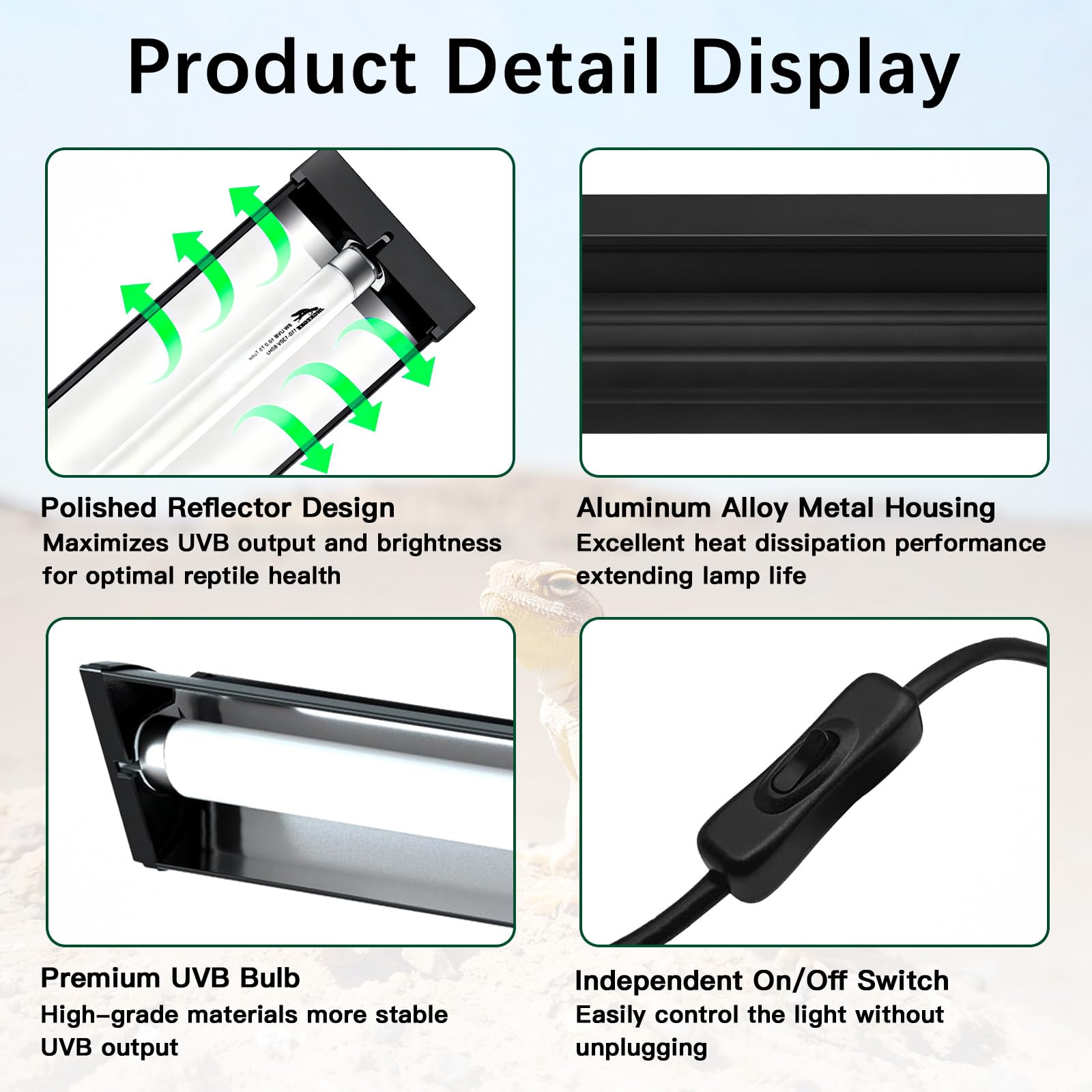 T5 10.0 UVB Reptile Light Fixture Combo Kit, 8 W ad alto rendimento UVA UVB luce con riflettore in lega più ampio aggiornato per draghi barbuti, lucertole tartarughe e rettili del deserto o