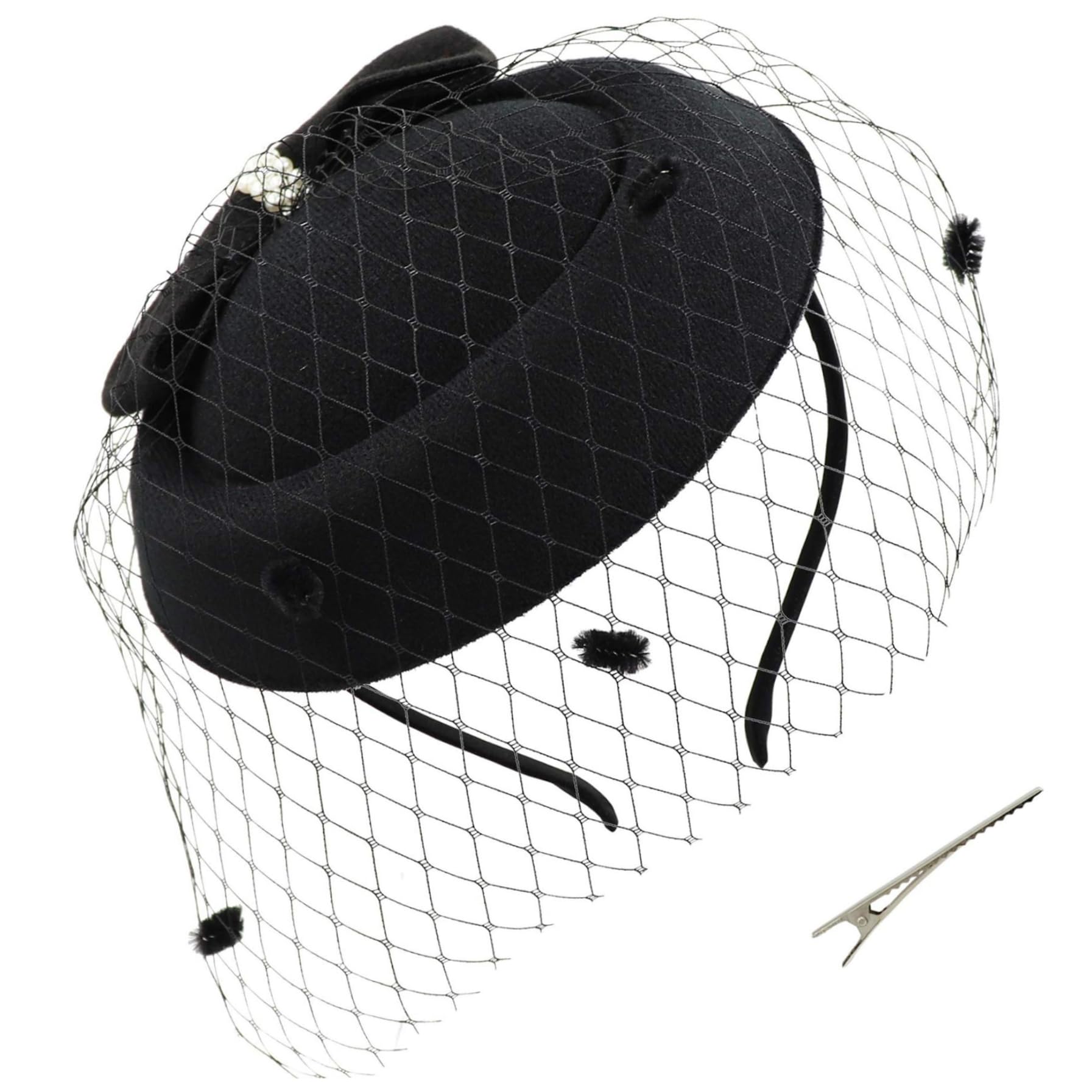 Azidweryq Women's Black Fascinator, 1940S Retro Bowknot Side Clip Pillbox Hats Veil Headband Gauze Fascinator For Tea Party Wedding Fascinators For