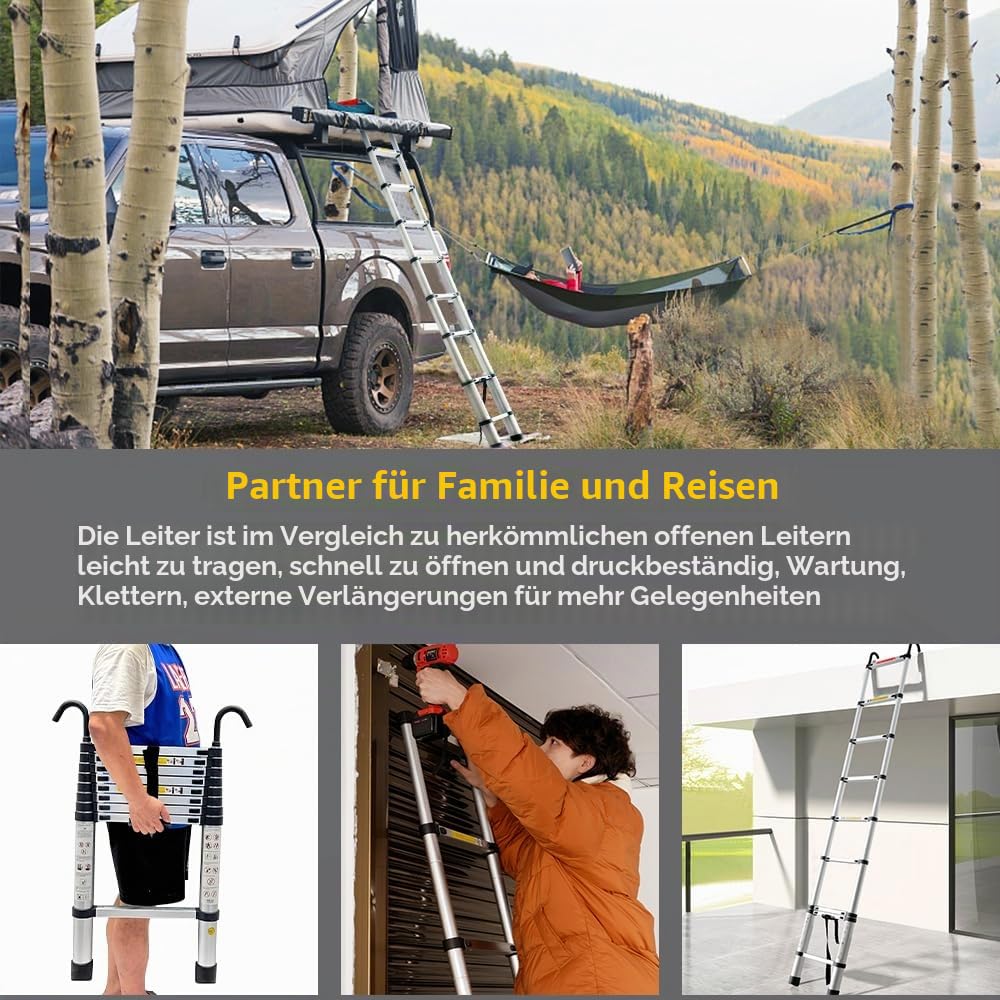 STANEW Teleskopleiter Aluminium 2,6m,Rutschfester Klappleiter Stehleiter Mehrzweckleiter, Abnehmbare Armlehne, Ausziehbare Leiter, Multifunktional Ladder, Maximale Belastbarkeit 150 kg