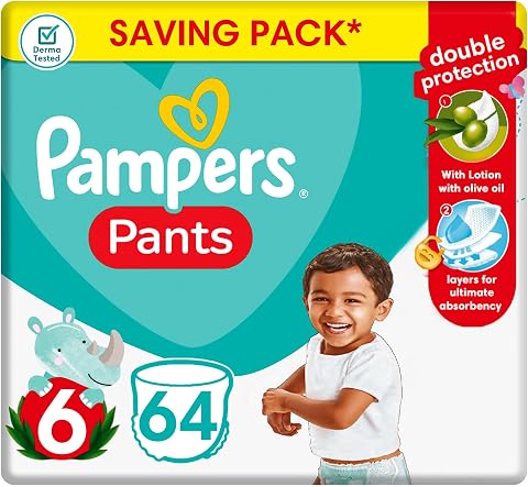 Pampers Diapers Pants, Size 6, above16 KG, with Lotion with Olive Oil, 64 Baby Diapers