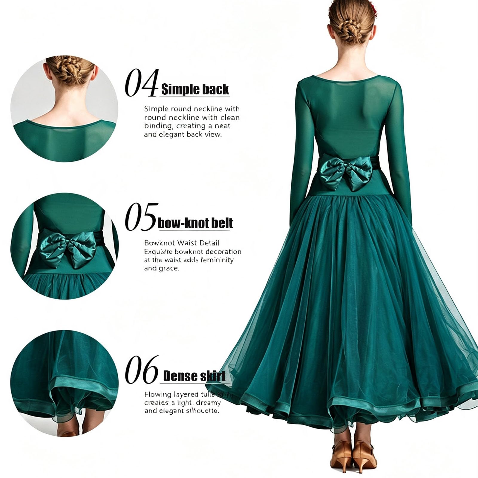 Robe Danse Salon Femme Manches Longues Résille Jupe Tulle Compétition Valse | Robe de danse de salon, Tenue de compétition danse standard, Robe de Compétition Valse Col rond Jupe Grande Volante en Tulle