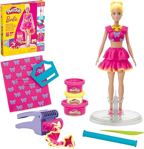 Play-Doh Barbie - Juego de volantes y lazos, haz ropa de muñeca con compuesto de modelado y 9 accesorios de moda, artes y manualidades para niñas y