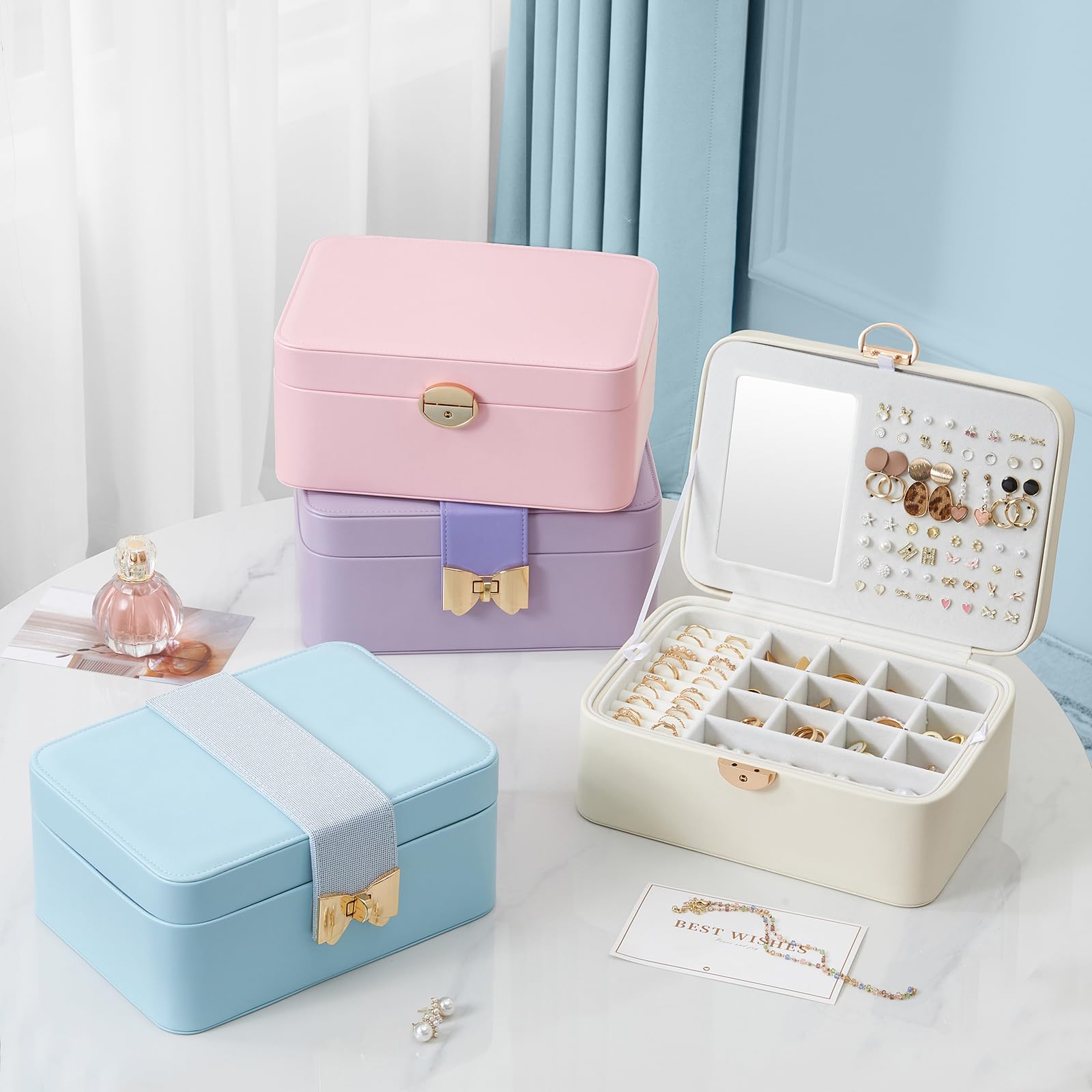 Lolalet Boîte Bijoux Fille, Rangement Bijoux PU Cuir à 4 Couches avec Miroir, Range Bijoux pour Colliers, Boucles d'oreilles, Bracelets -Bleu