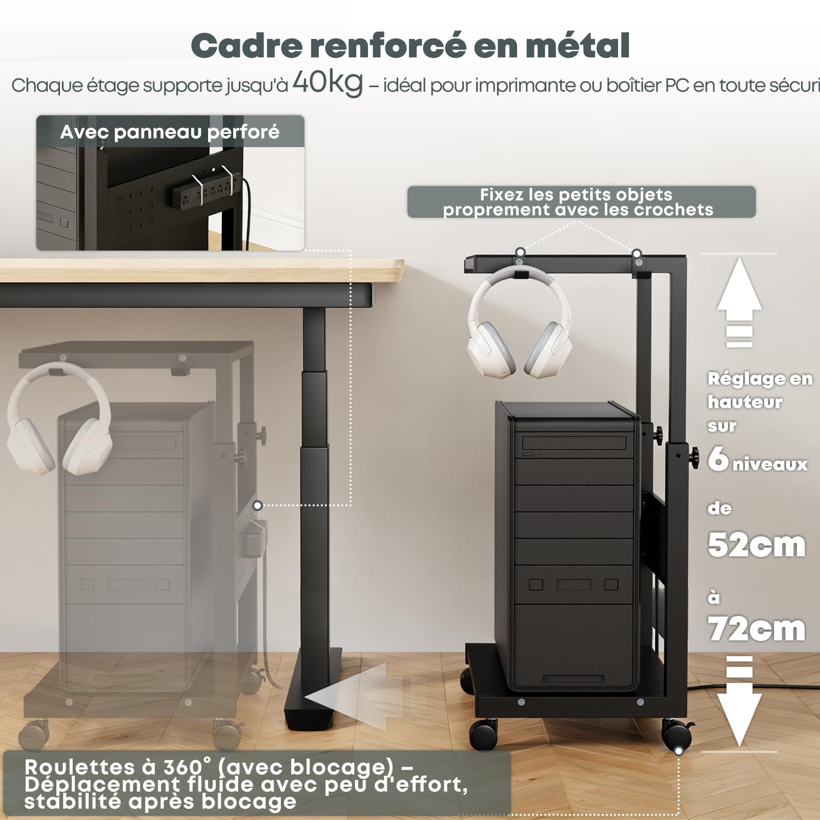 Support Tour PC avec roulettes - 2 étages Support unité Centrale avec roulettes et Tapis de Souris, Hauteur réglable de 52 cm à 77 cm, pour Gaming, Bureau, Maison, Charge Max 40 kg/Niveau, Noir