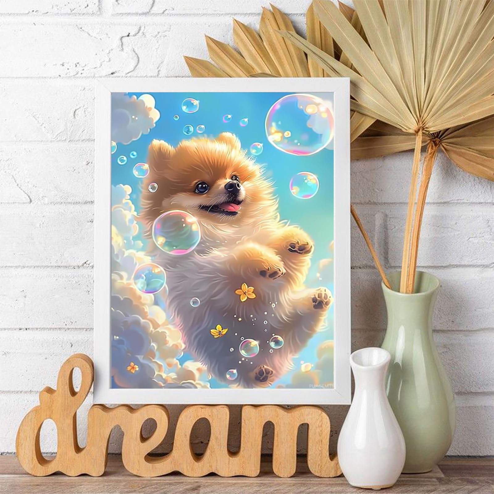 PUAGEMTI Bubbles and Pomeranian Funny Diamond Painting Kit per adulti fai da te Full Drill Diamond Art Pomerania 5D Diamond Dots Kit pittura artigianato per la decorazione della casa 30,5 x 40,6 cm