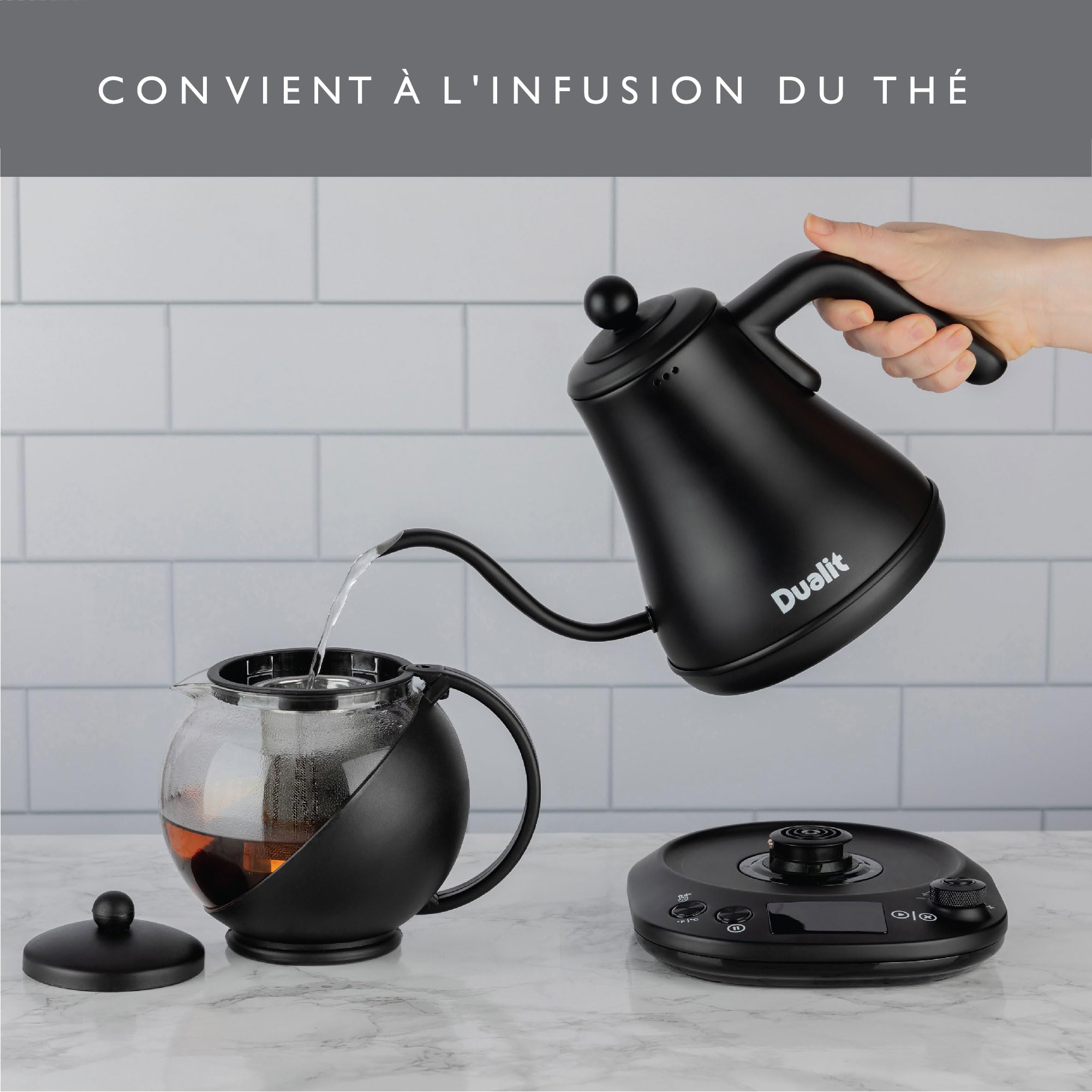 Dualit Wasserkocher Schwanenhals Schnellkochender Electric Kettle (800ml) - Schwarz Matt - Gooseneck Kettle Tropft Nicht - Digitale Display Anzeige - Hocheffiziente Energiesparende Wasserkanne' | schwarz matt, tropffrei, stufenlose Temperaturregelung 38–1