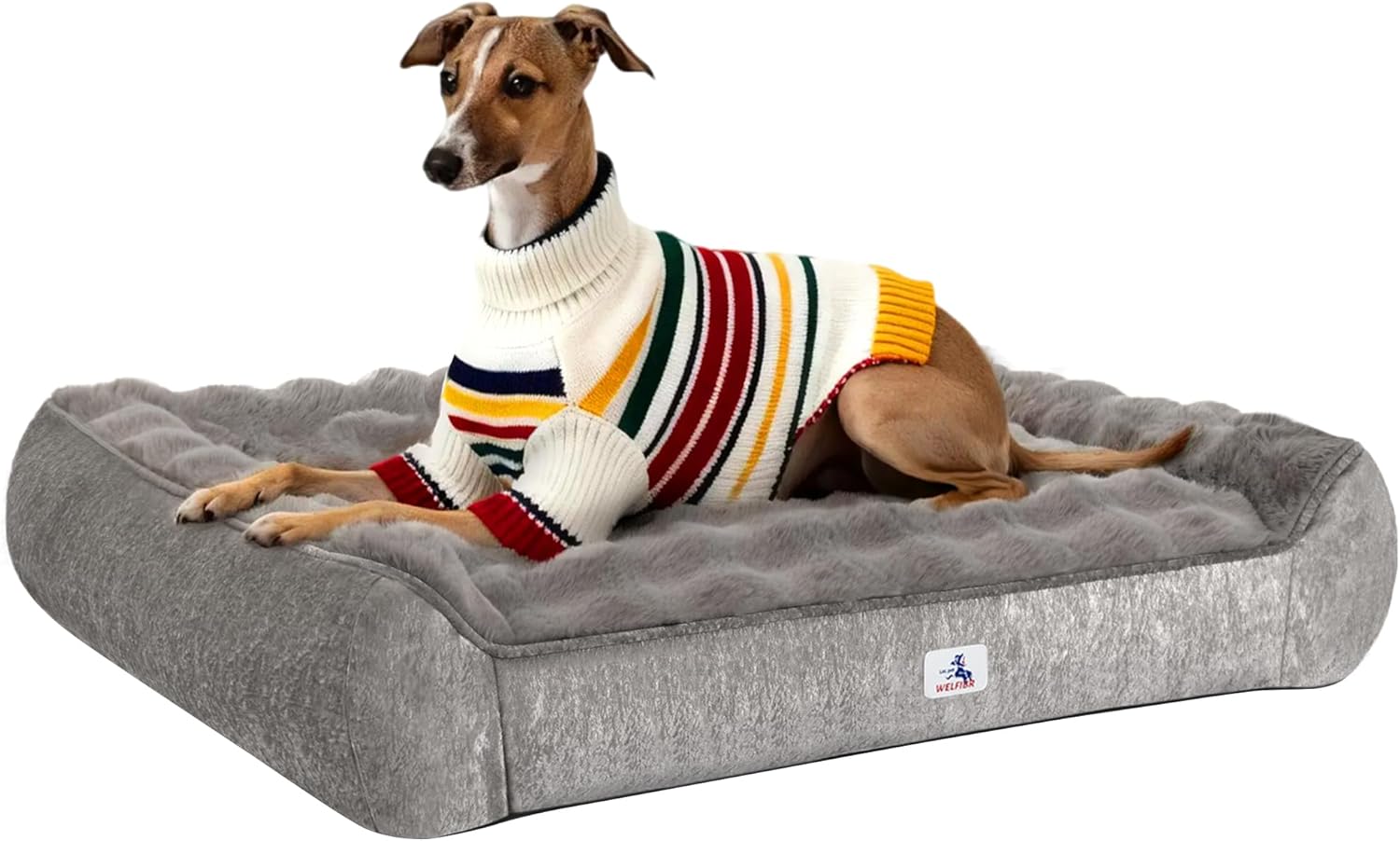 Welfibr 48“ Dog Bed with Shredded Foam Filling, Calming Pet Sofa with Removable Washable Cover, Soft Faux Fur Bolster Couch for Dogs, Anti-Slip Bottom