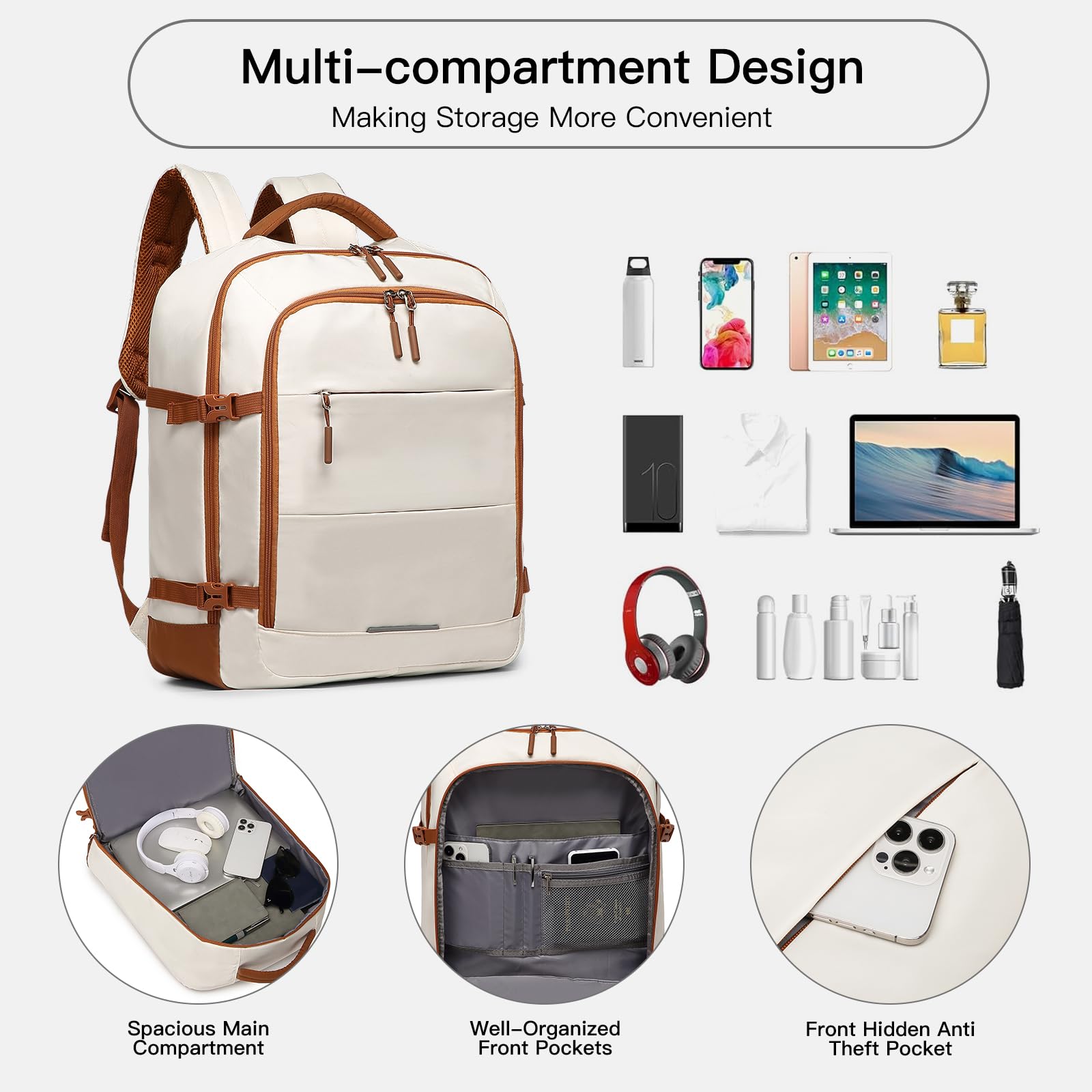 Kono Sac de Cabine 45x36x20 pour Easyjet Sac de Voyage sous Le siège 30L Bagage à Main Sac de Week-End Sac à Dos pour Ordinateur Portable résistant à l'eau (Beige/Brun)