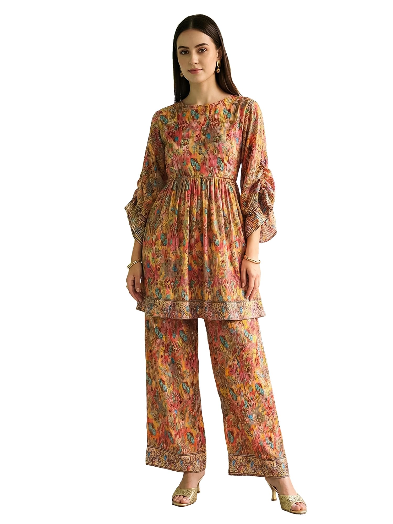 Women's Viscose Rayon Printed Round Neck Top & Palazzo Set (LWCDAI1106)