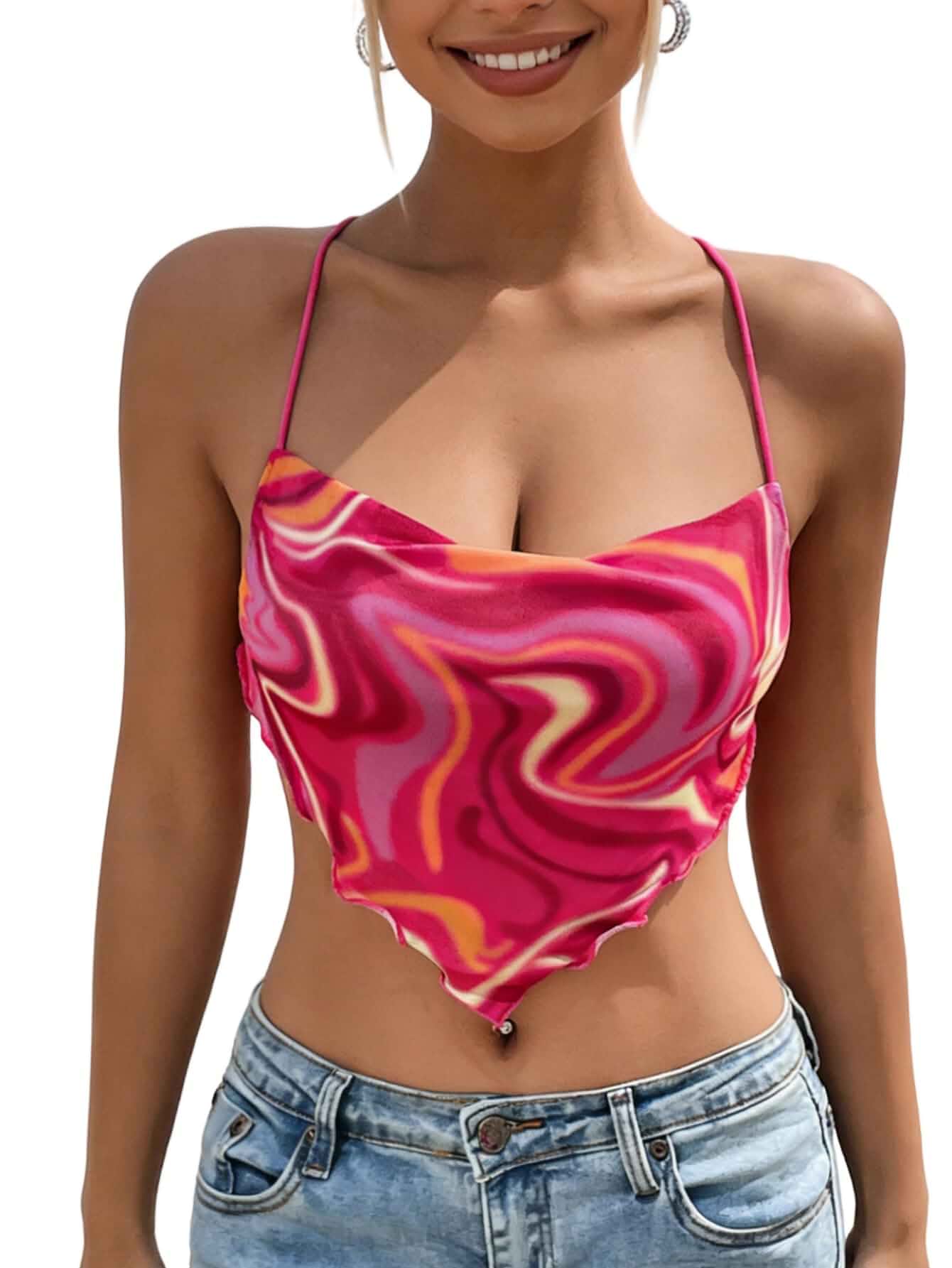 SOLY HUX Women's Summer Hobo Marble Print Bandana Cowl Neck Cami Crop Top Criss Cross, Tie Backless, Asymmetrical Hem, Party Clubwear, Vacation, Sleeveless