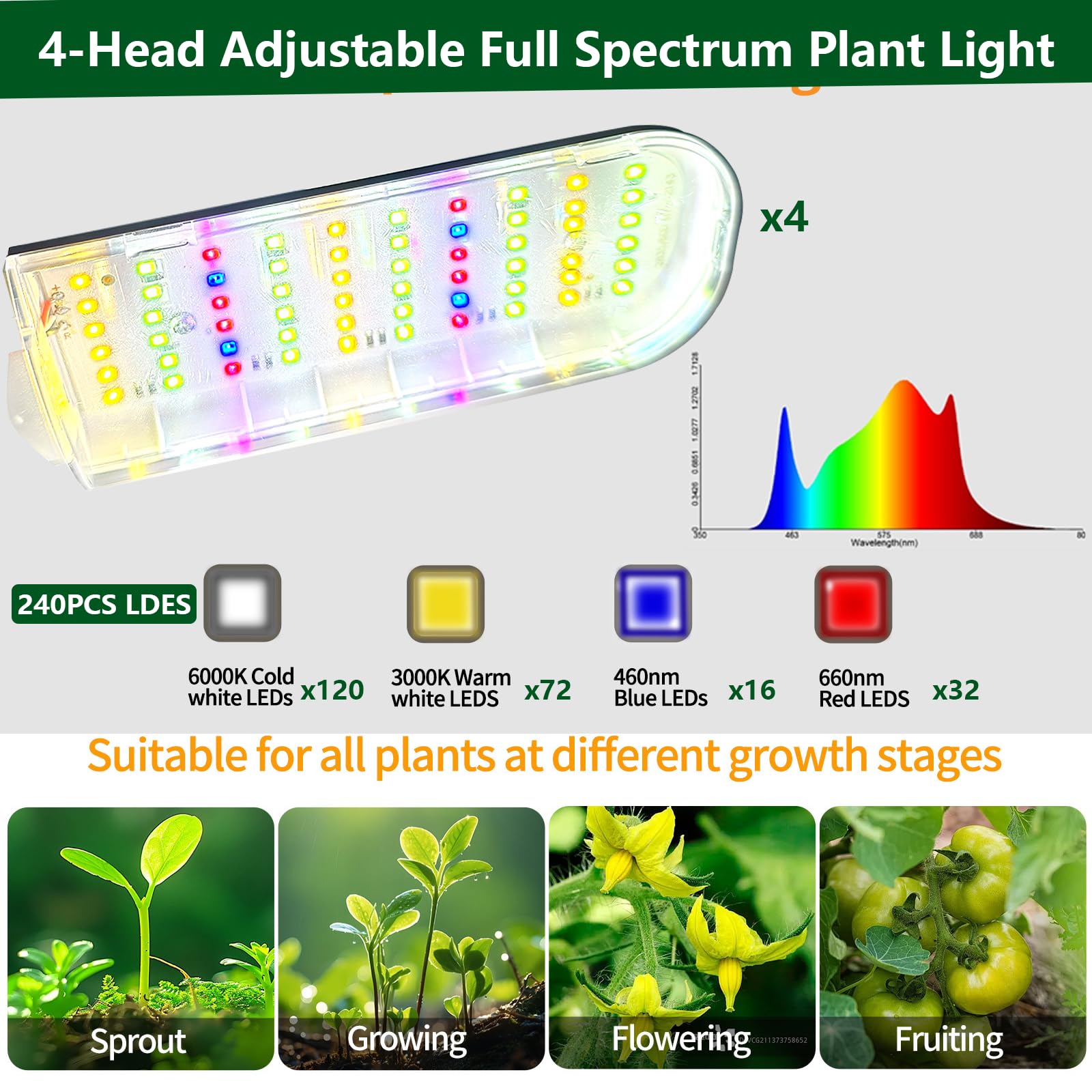 Lampa do roślin, stojąca, 240 diod LED, z timerem, 3 tryby oświetlenia, regulacja wysokości 40-170 cm