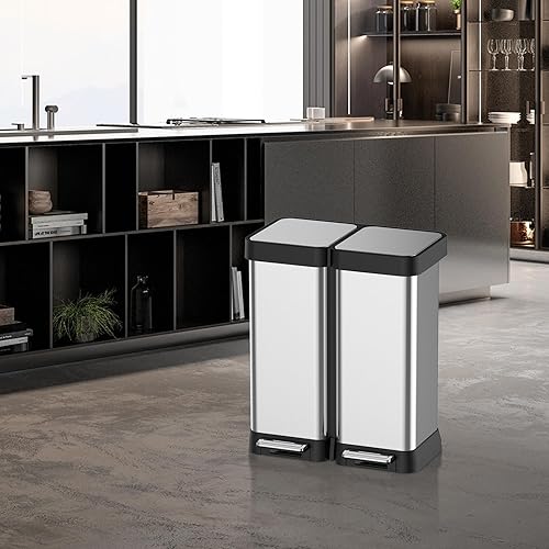 Miniatura 9 de Bote de basura doble de 16 galones y cubo de reciclaje, 2 compartimentos y 2 pedales, tapa de cierre suave y hermético, para el hogar, oficina,