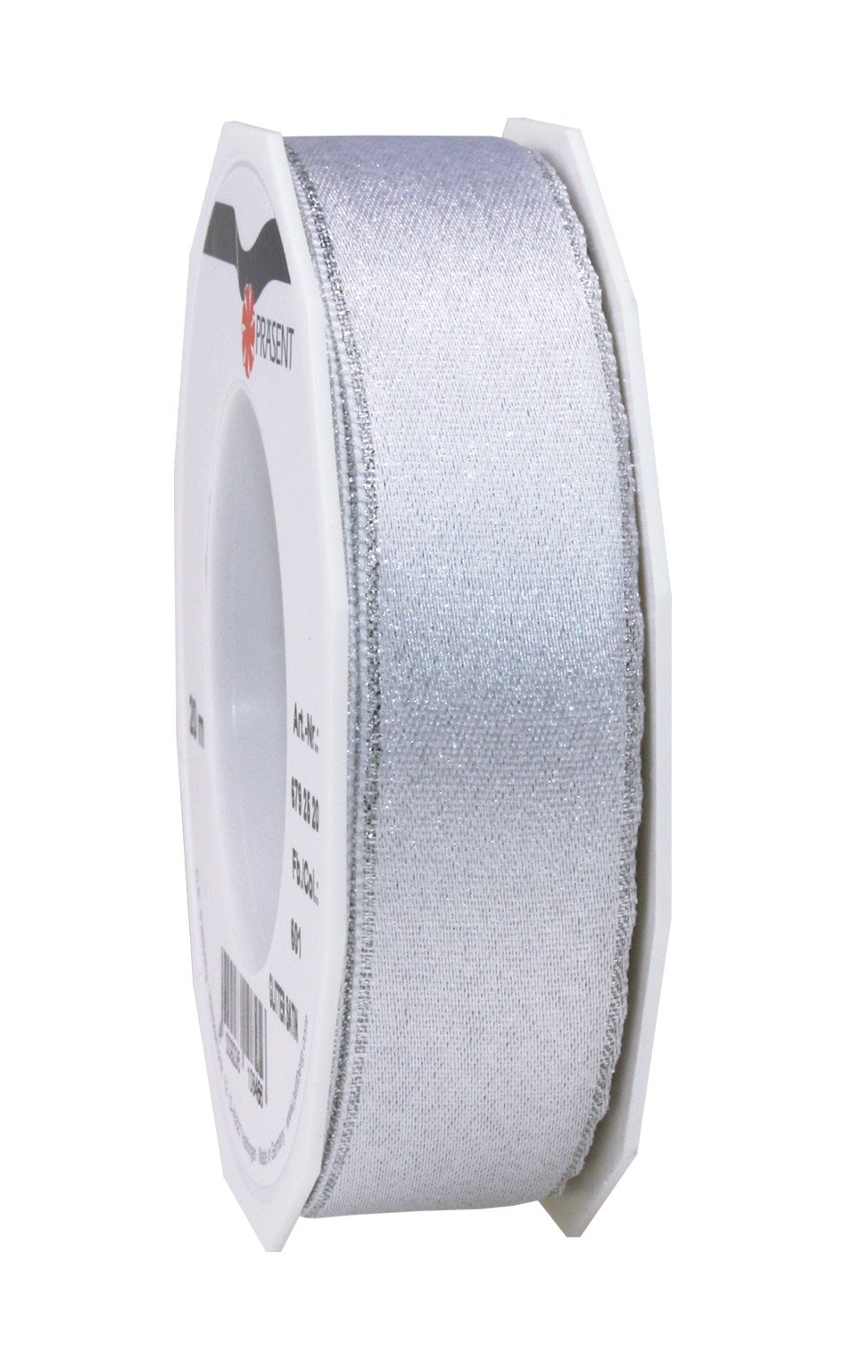 Präsent - Glitter Satin Ribbon White-Silver 20-m-Roll 25 mm width, Taupe-silver, 25mm - 20m