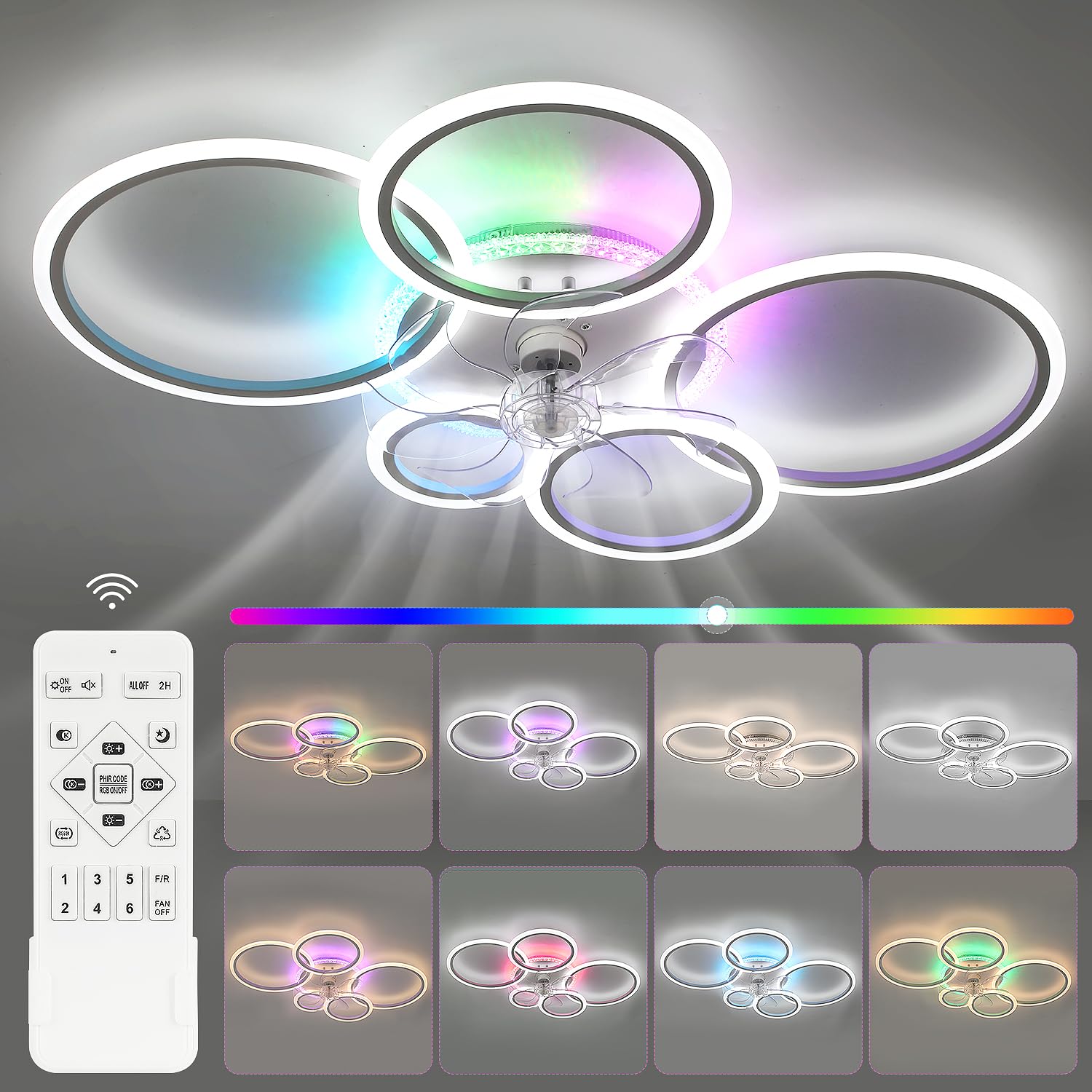 RGB LED Deckenventilator mit Licht, Leiser Ventilator dimmbar, Farbwechsel | Deckenlampe 96cm Fernbedienung, 6 Stufen, Timer & Reversierfunktion, Deckenleuchte für Schlafzimmer, Kinderzimmer Wohnzimmer