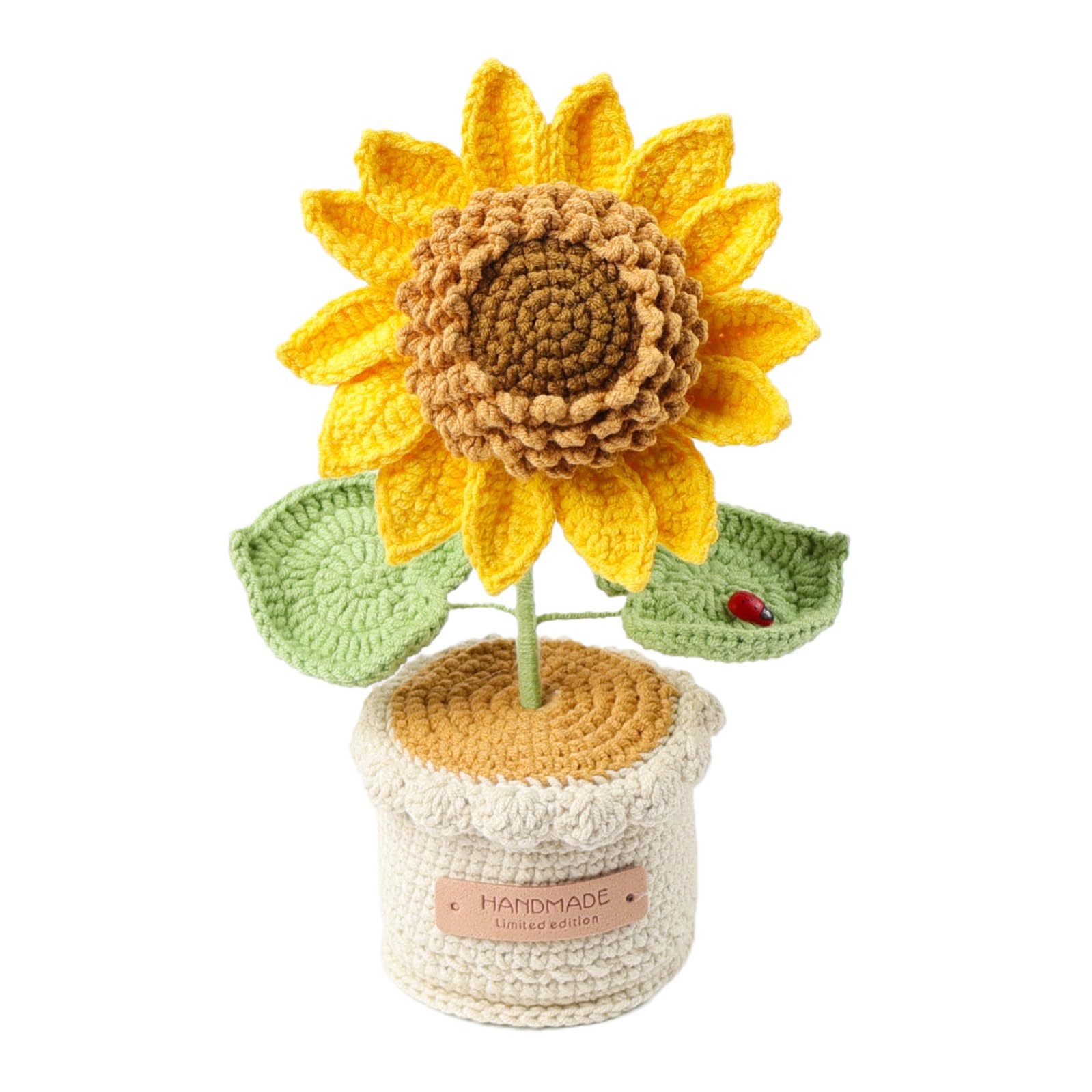 BYVUTE Crochet Sunflower Pot, Finished Hand Woven Artificial Flowers Eternal Sunflower Bouquet Vase Decoration for Office Kitchen Living Room Table Bedroom