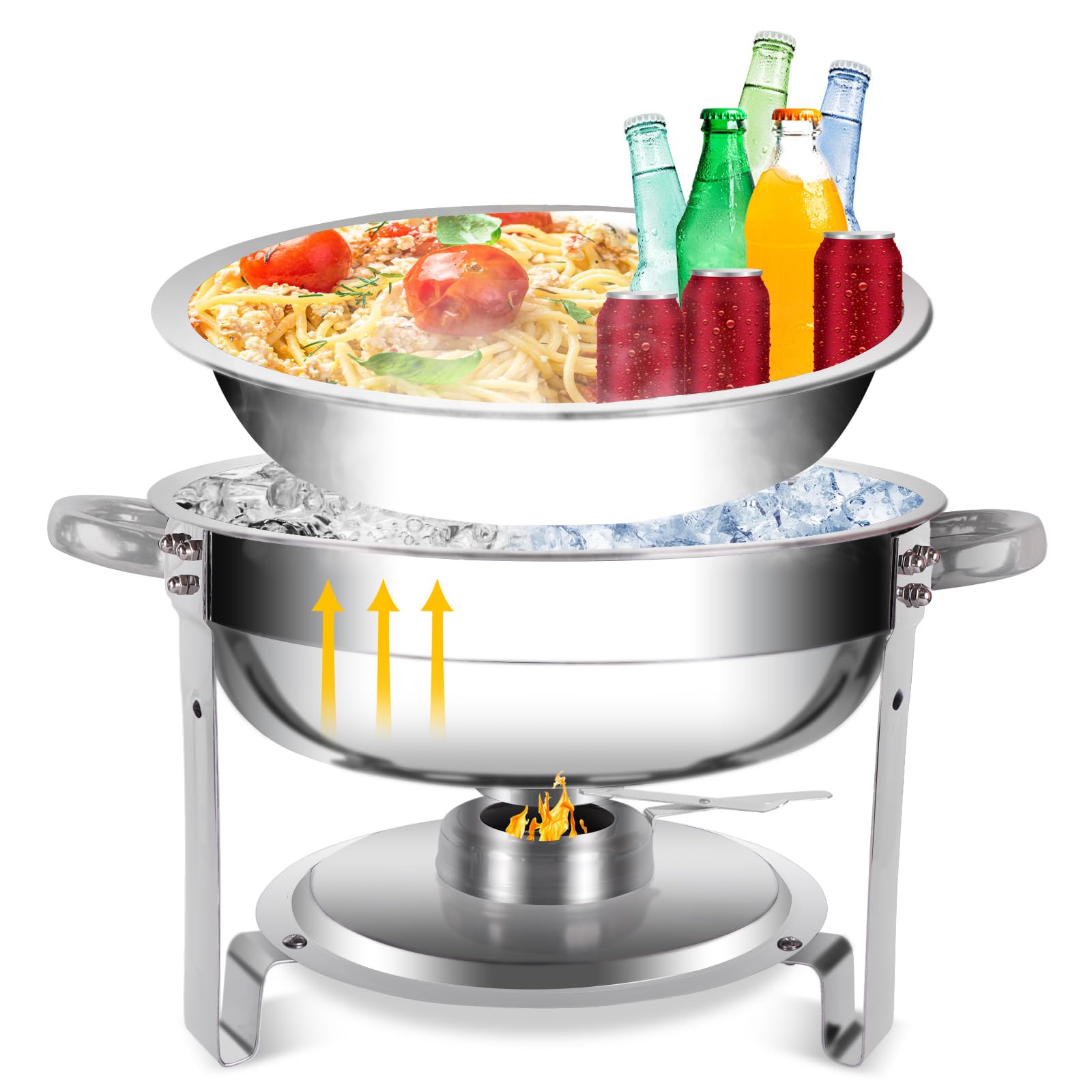 Juego de 2 platos para frotar, 5 cuartos de galón, olla redonda para mantener caliente, con tapa de vidrio y soporte, mantiene la comida caliente para fiestas, catering, boda, camping, cena