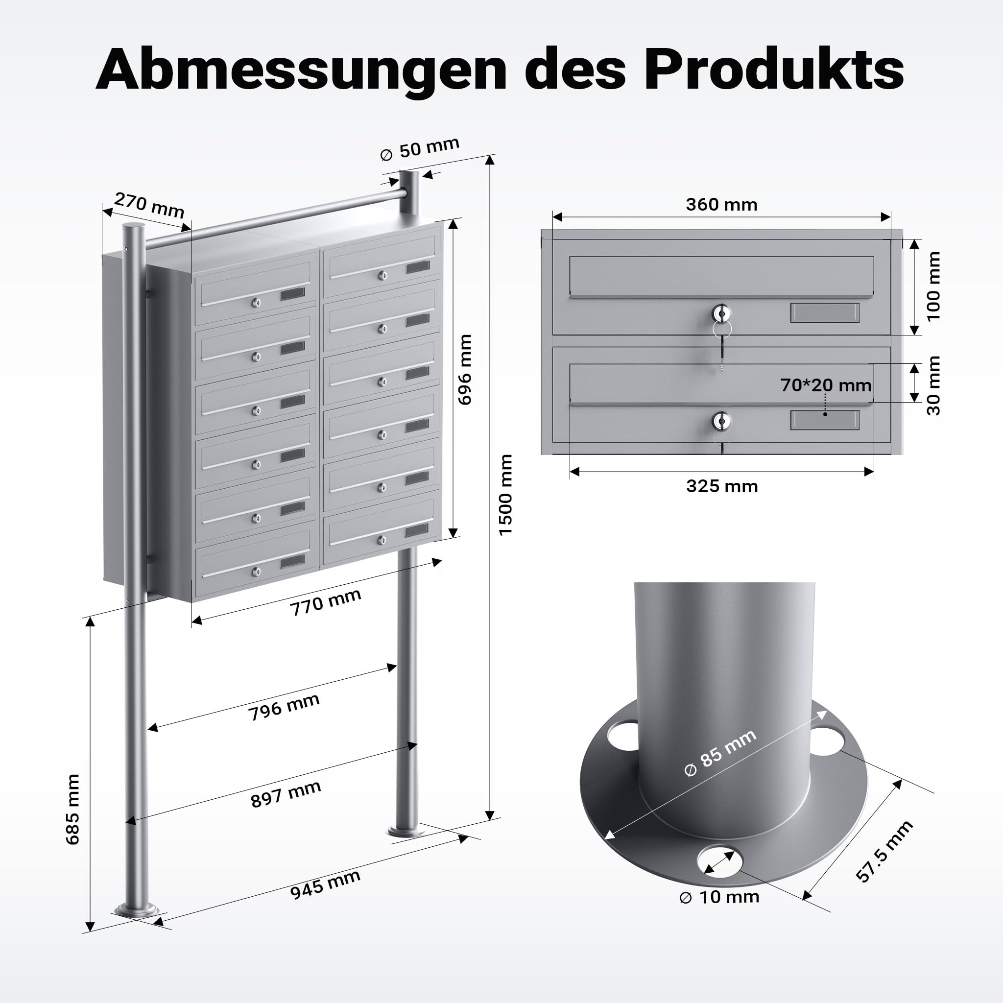 Wiltec 12er Briefkastenanlage silberfarben 945 x 270 x 1500 mm, Standbriefkasten mit 2x6 Fächern, Schlüssel und Namensschild, Briefkasten Postkasten mit Ständer