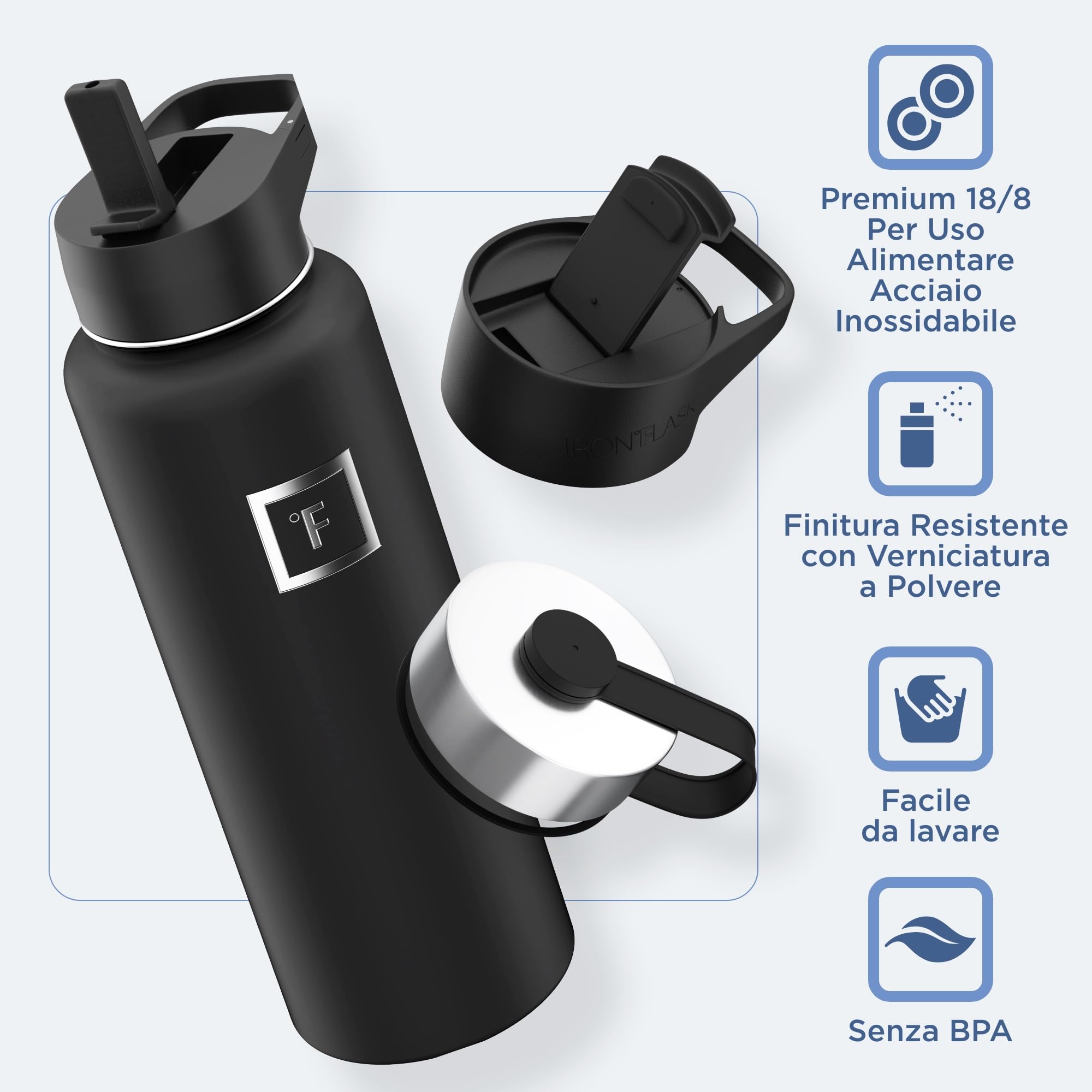 Iron Flask - Borraccia sportiva da 900 ml, 3 coperchi (coperchi con cannuccia), in acciaio inox isolato sottovuoto a prova di perdite, a doppia parete, termica, in metallo