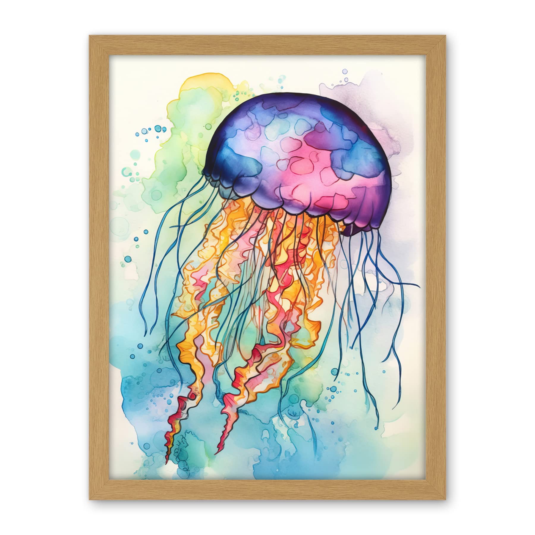 Artery8 Jellyfish Swimming Folk Art Watercolour Painting Artwork Framed Wall Art Print 18X24 Inch