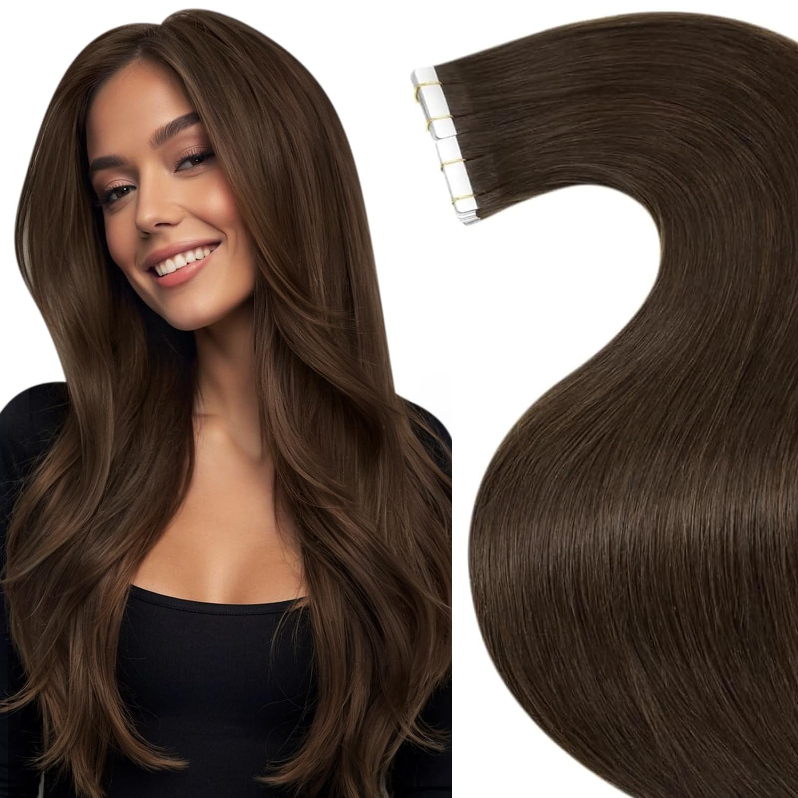 LaaVoo Tape Extension Echthaar Braun Tape in Extensions Seamless 30cm Haarverlängerung Echthaar Tape in Extensions Remy Human Hair Glatt 20pcs 30g #4