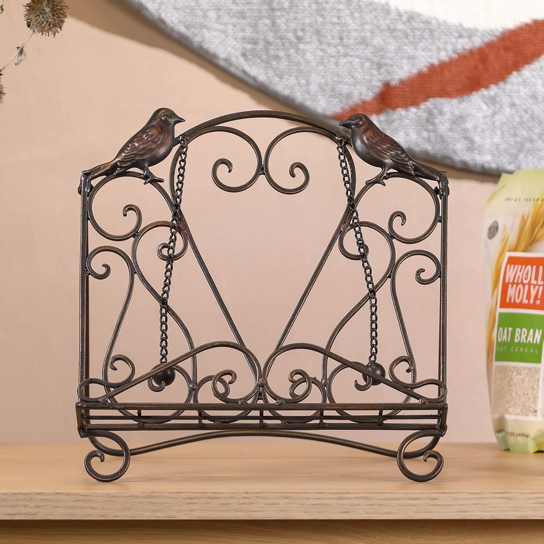 Soporte de metal para libros de recetas para cocina (pájaros/pergaminos vintage, bronce)