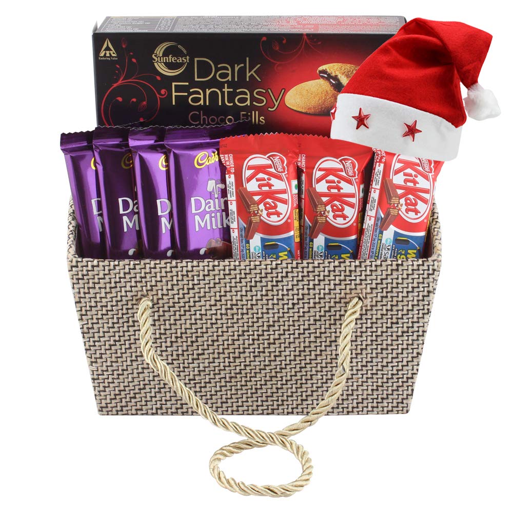 SFU E Com Premium Jute Basket With Premium Chocolates | Chirstmas Chocolate Gift Hamper | Christmas Cap With Chocolates | Christmas Chocolate Gift Combo | 833