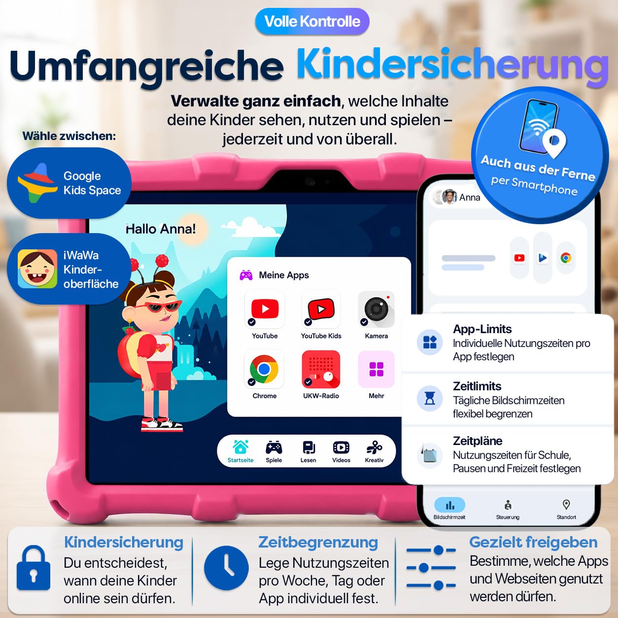 AngelTech Kindertablet XL Pro II – 10 Zoll HD 2025 – Android 16 Kinder Tablet mit Kindersicherung – 6GB RAM + 8GB virtuell, 128GB Speicher – Tablet für Kinder mit Schutzhülle – Rosa