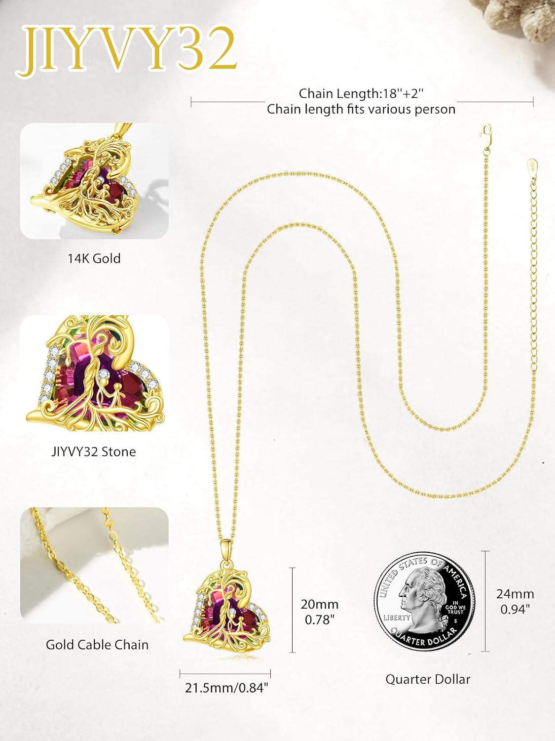 14K Gold ValentinesTree Of Life Necklace Gifts for Women,Mother and 2 Pendant Stone Family Tree Necklaces,Valentines Anniversary Birthday Gifts for Her Wife Mom Grandma Daughter - Image 3