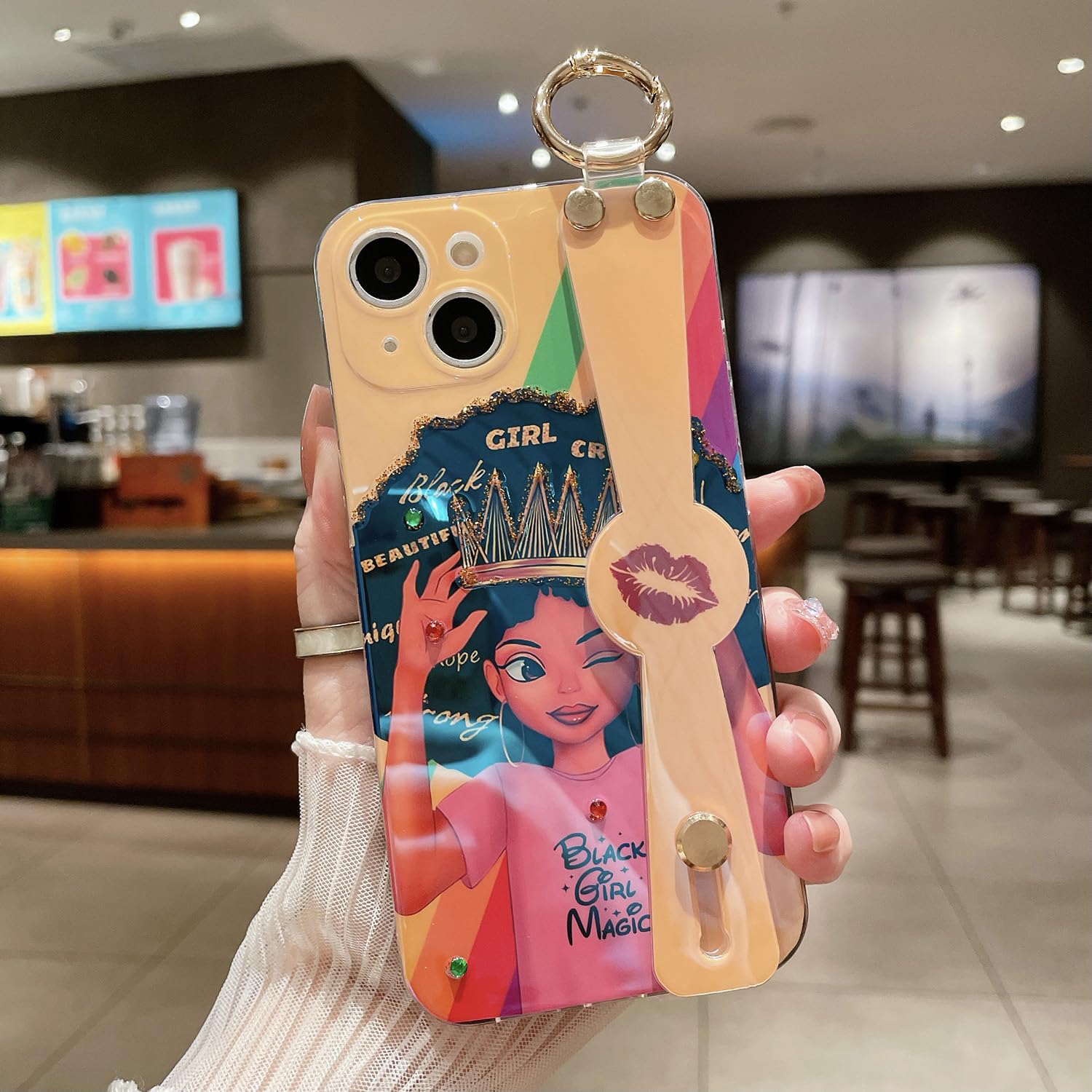 ZECIGY Compatible with iPhone 13 Case African American Women Afro Gril Handle Design with Hand Strap Handle Grip Holder Finger Loop Loopy TPU Protective Bling Cute Cartoon Cover Shockproof