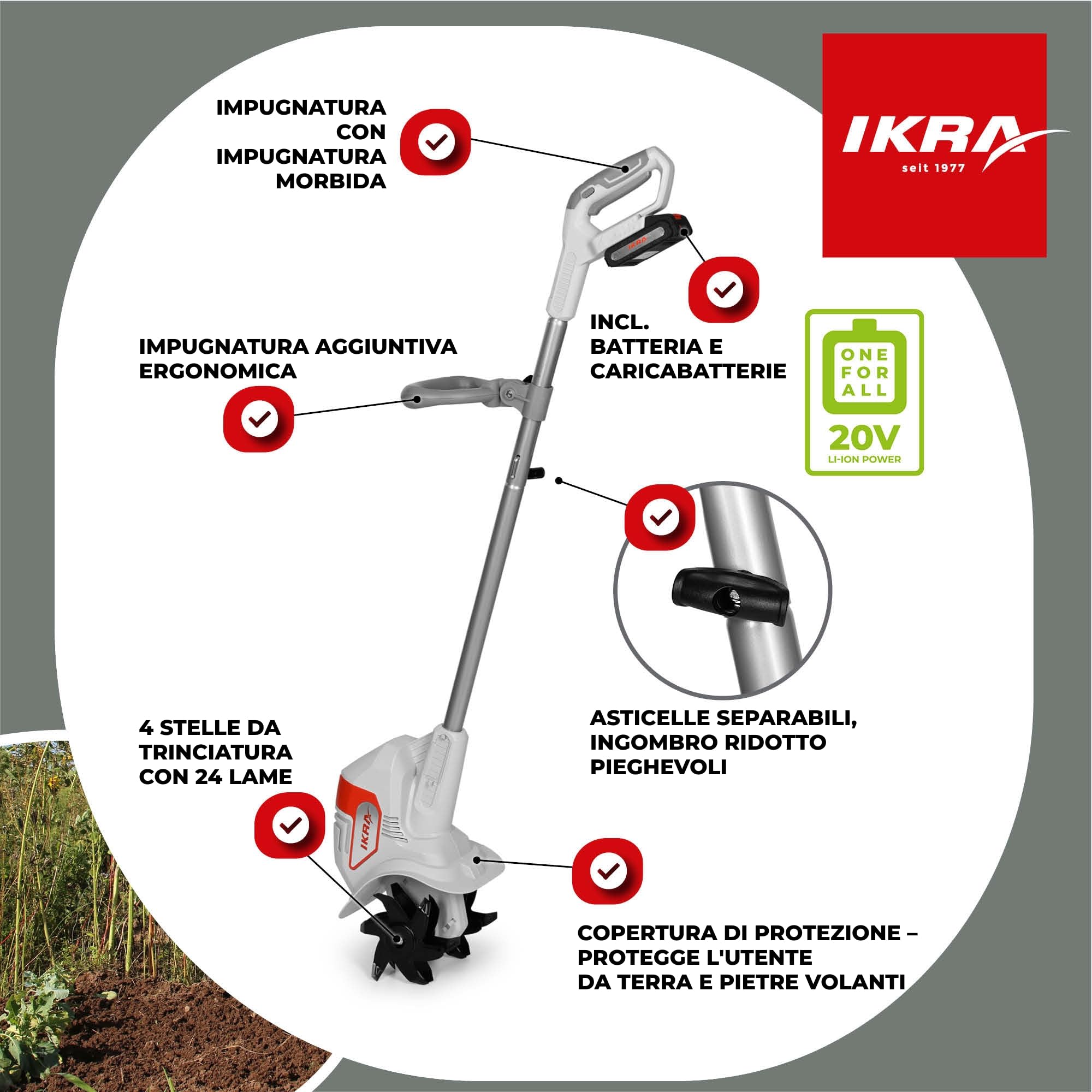 IKRA motozappa IAMH 20, larghezza 19cm, batteria e caricabatterie inclusi | Profondità di lavoro fino a 15,5 cm, leggero, ingombro ridotto una volta riposto, compatibile con batterie 20 V di IKRA
