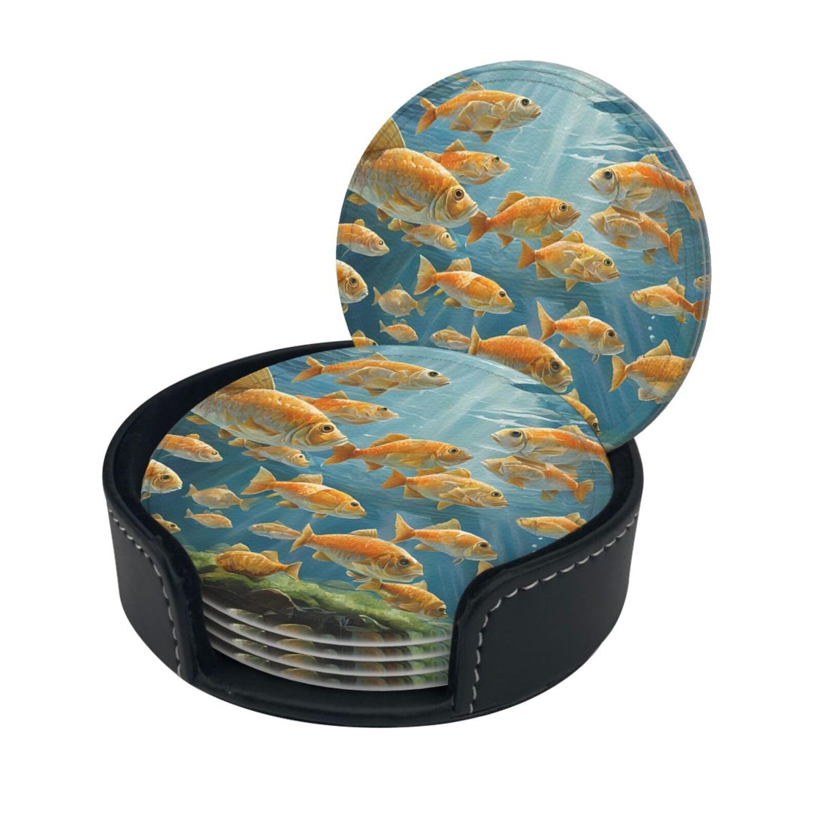 Fishing Lake Fishermen Print Coaster,Round Leather Coasters with Storage Box for Wine Mugs,Cold Drinks and Cups Tabletop Protection (6 Piece)