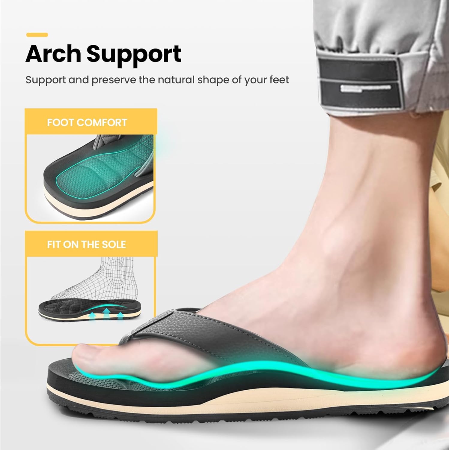 Mens Flip Flops - Comfort Arch Support Slides - Memory Foam Slip On Beach Sandals - Waterproof Open Toe Thong Slippers Summer Footwear - Image 3