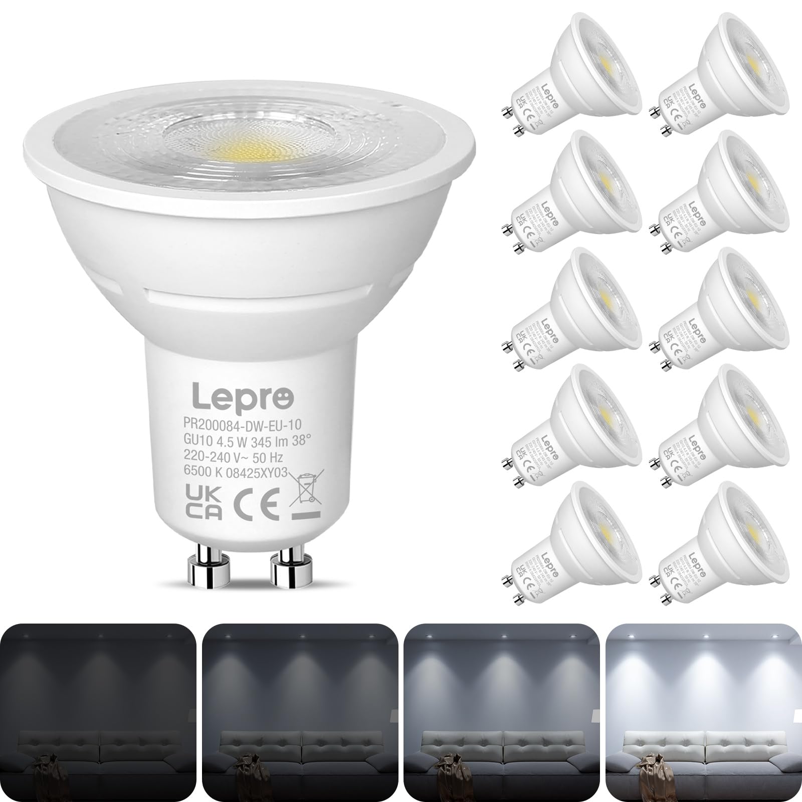 Lepro GU10 LED Lampe 4,5W Dimmbar Kaltweiß, 6500K, 345 Lumen, 38° Spot, CRI>80, Energiesparend >91%, LED Reflektorlampe, Dimmbare GU10 Leuchtmittel für Küche, Wohnzimmer, 10er Pack