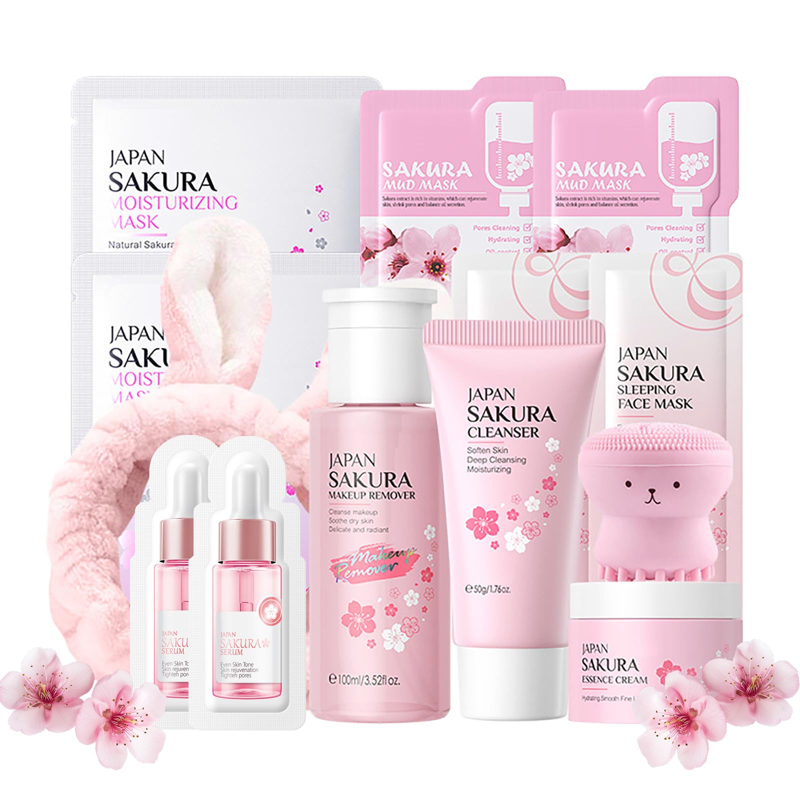 Sakura Skin Care Sets & Kits - JAPAN Sakura Skincare Set - Cleanser, Makeup Remover, Face Serum, Face Cream, Face Mask, Moisturizing Gift Set for Teenage Girls Women - Travel Kit for All Skin Types