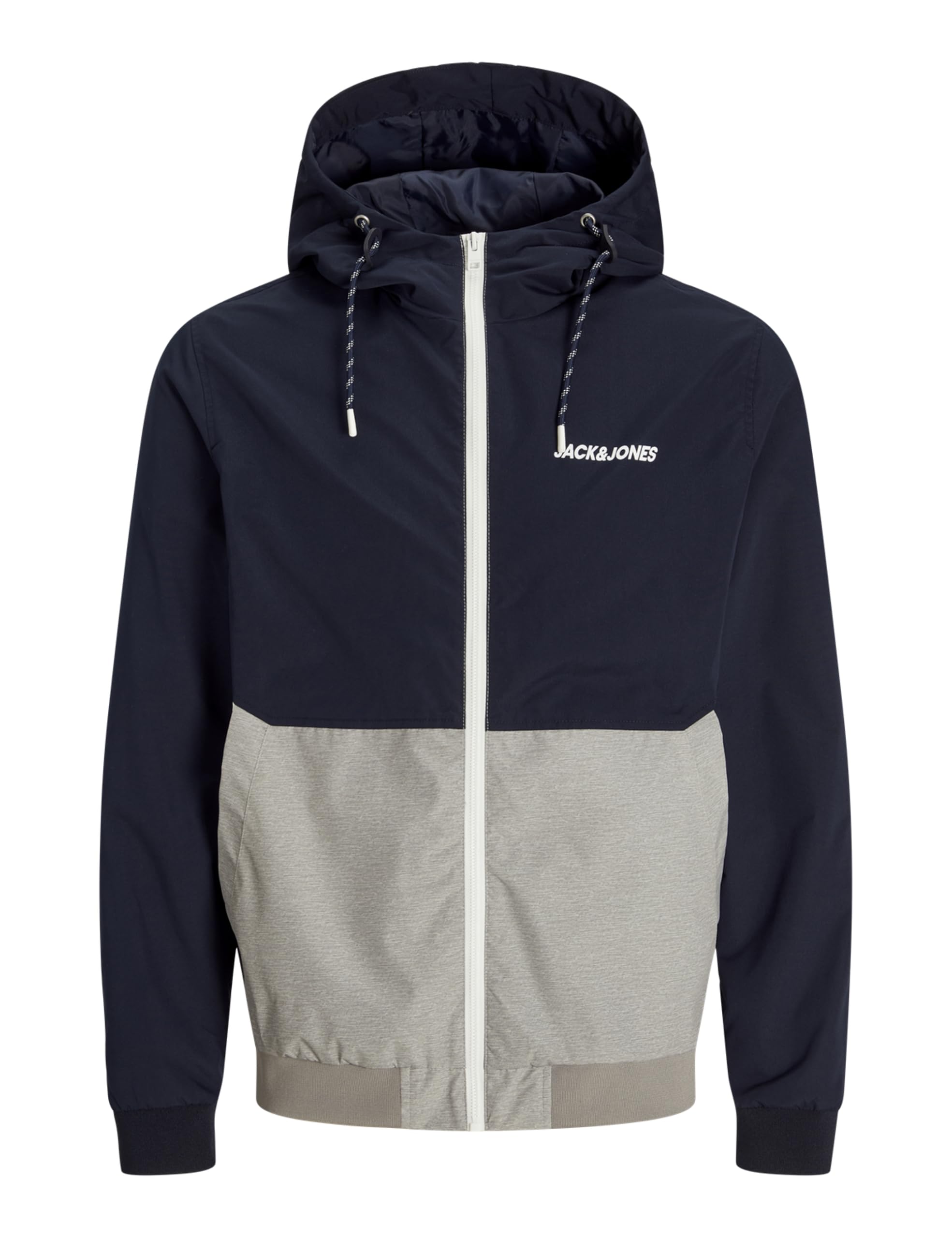 JACK&JONES PLUS Men's JJERUSH Hood Bomber Noos PLS Bomber Jacket, Sky Captain/Detail: White/Light Grey Melange Blocking, 6XL, Sky Captain/Detail:White/Light Grey Melange Blocking, XXXXXXL