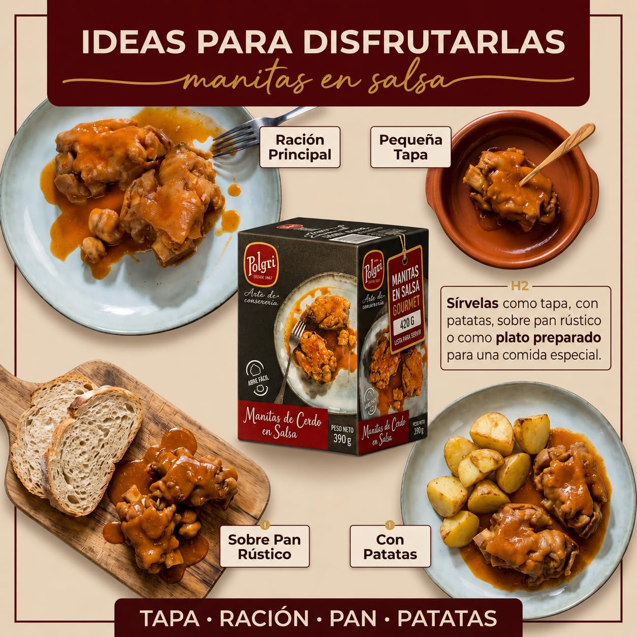 POLGRI Manitas de Cerdo en Salsa 420 g x 3 Latas Receta Tradicional La Mancha Colágeno Natural